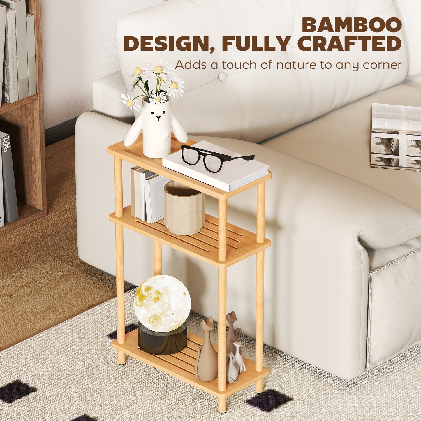 HOMCOM Bamboo Side Table 3 Tier Slim Table Nordic Living Room Bedroom Office Tool Free Assembly Natural Wood Finish