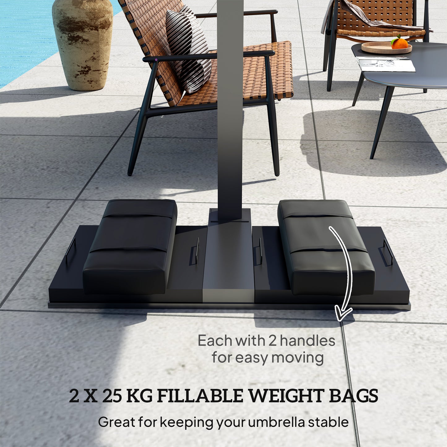 Outsunny Parasol Weights Set of 2 25 Kg Fillable Sandbag Base Weights with Handles for Cantilever Umbrellas Black