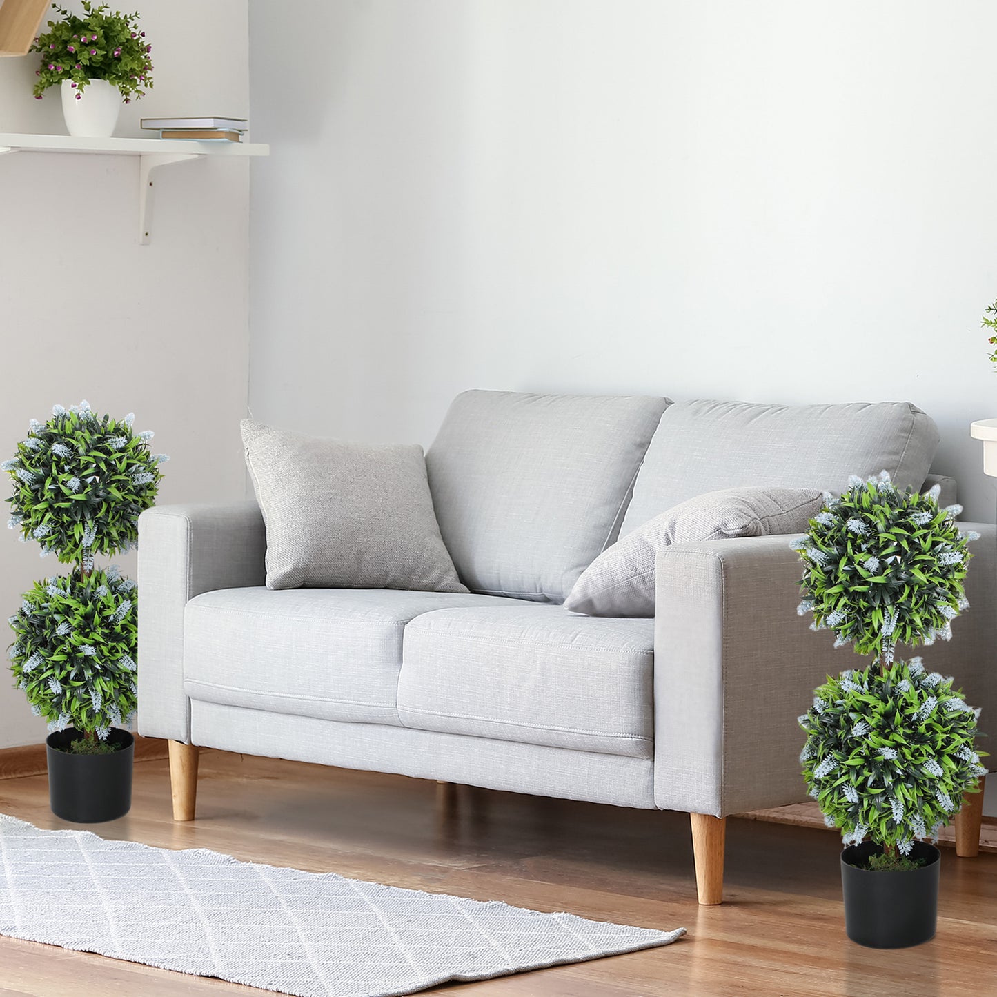 Set Of 2 Decorative Artificial Lavender Ball Trees In Pots Blue 70cm Faux Plants For Indoor Outdoor Decor