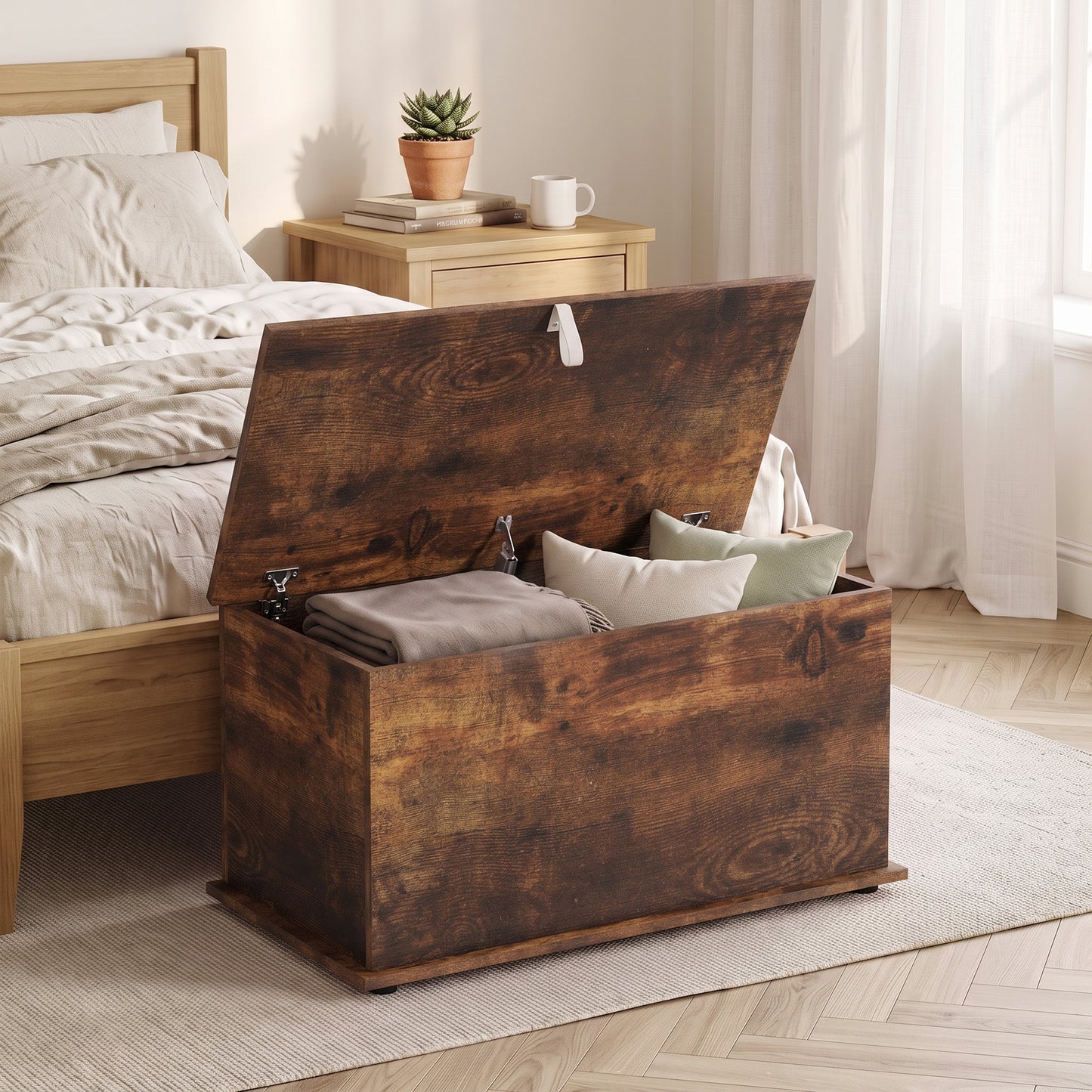 HOMCOM Rustic Brown Storage Bench 102L Blanket Box With Safety Hinged Lid And Shoe Holder