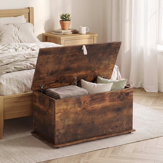 Rustic brown storage bench blanket box with open hinged lid and soft interior