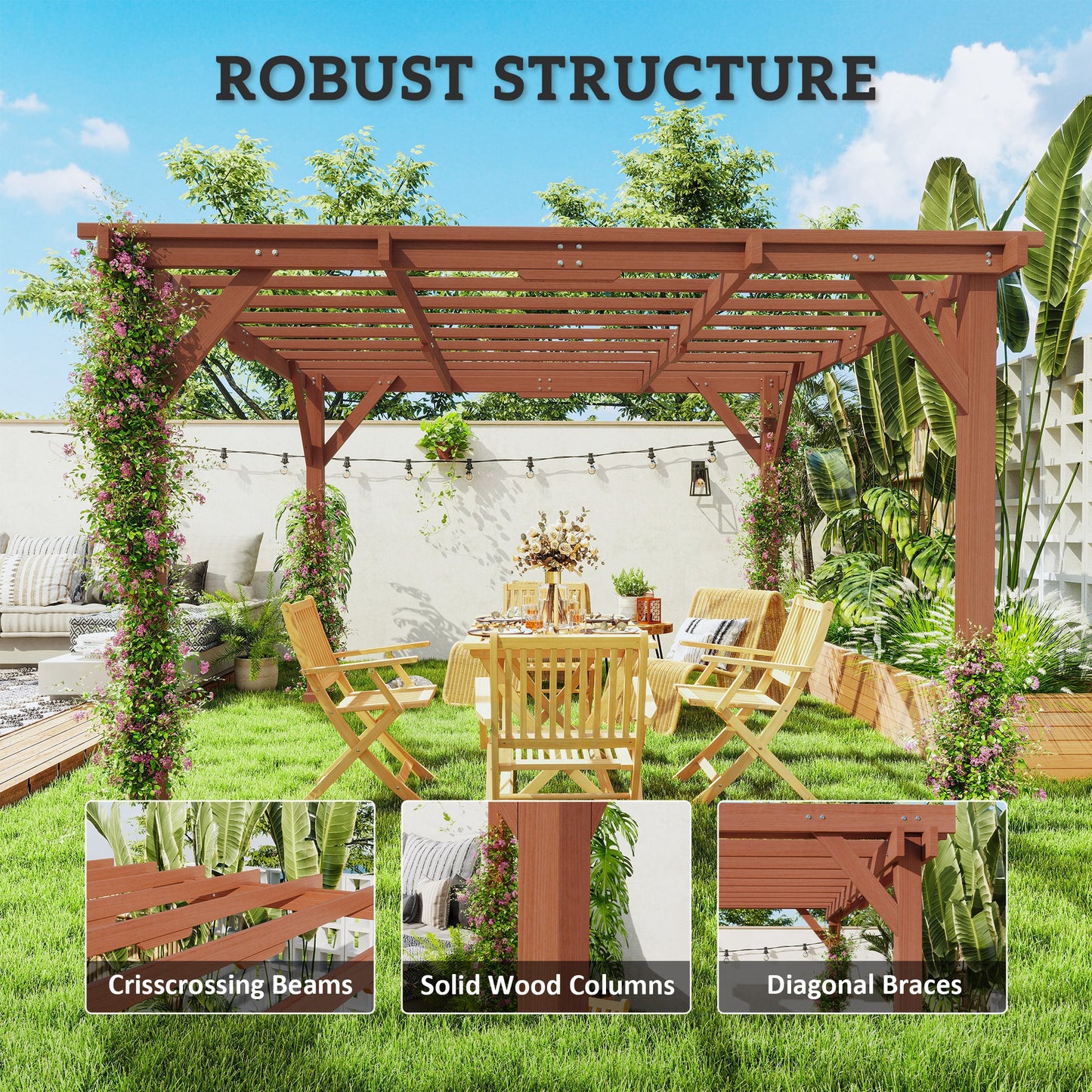 Outsunny 3.3 x 3.3 m Wooden Pergola Kit Garden Gazebo Grape Trellis For Climbing Vines Flowers