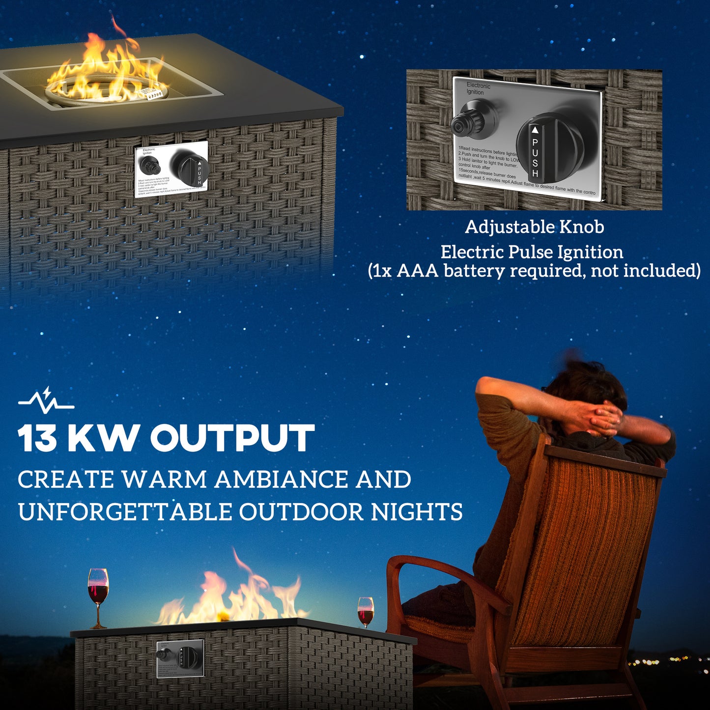 Outsunny Rattan Gas Fire Pit Table for Garden Square 58x58 cm with Lid 13 KW Smokeless Propane Patio Heater Grey