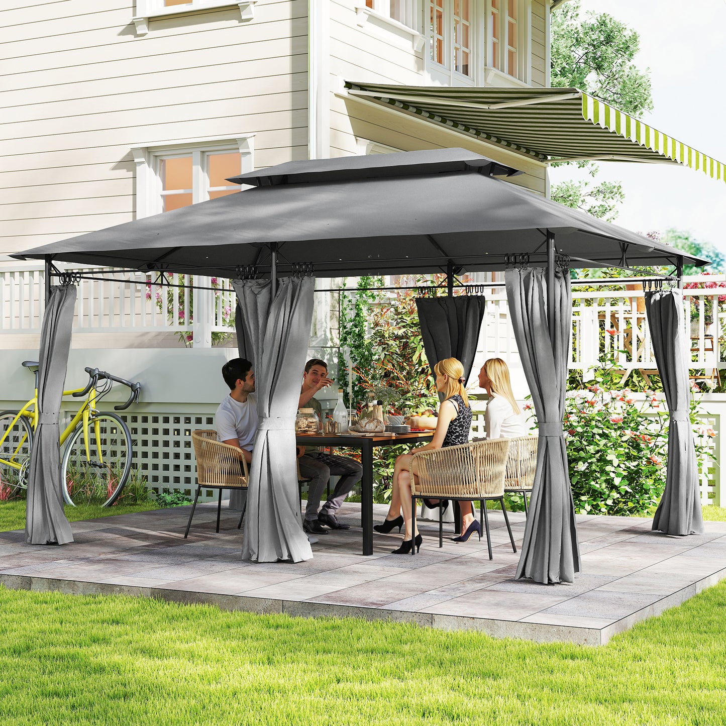 Outsunny 3x4m Metal Frame Gazebo With Two Tier Roof In Dark Grey For Outdoor Parties And Relaxation