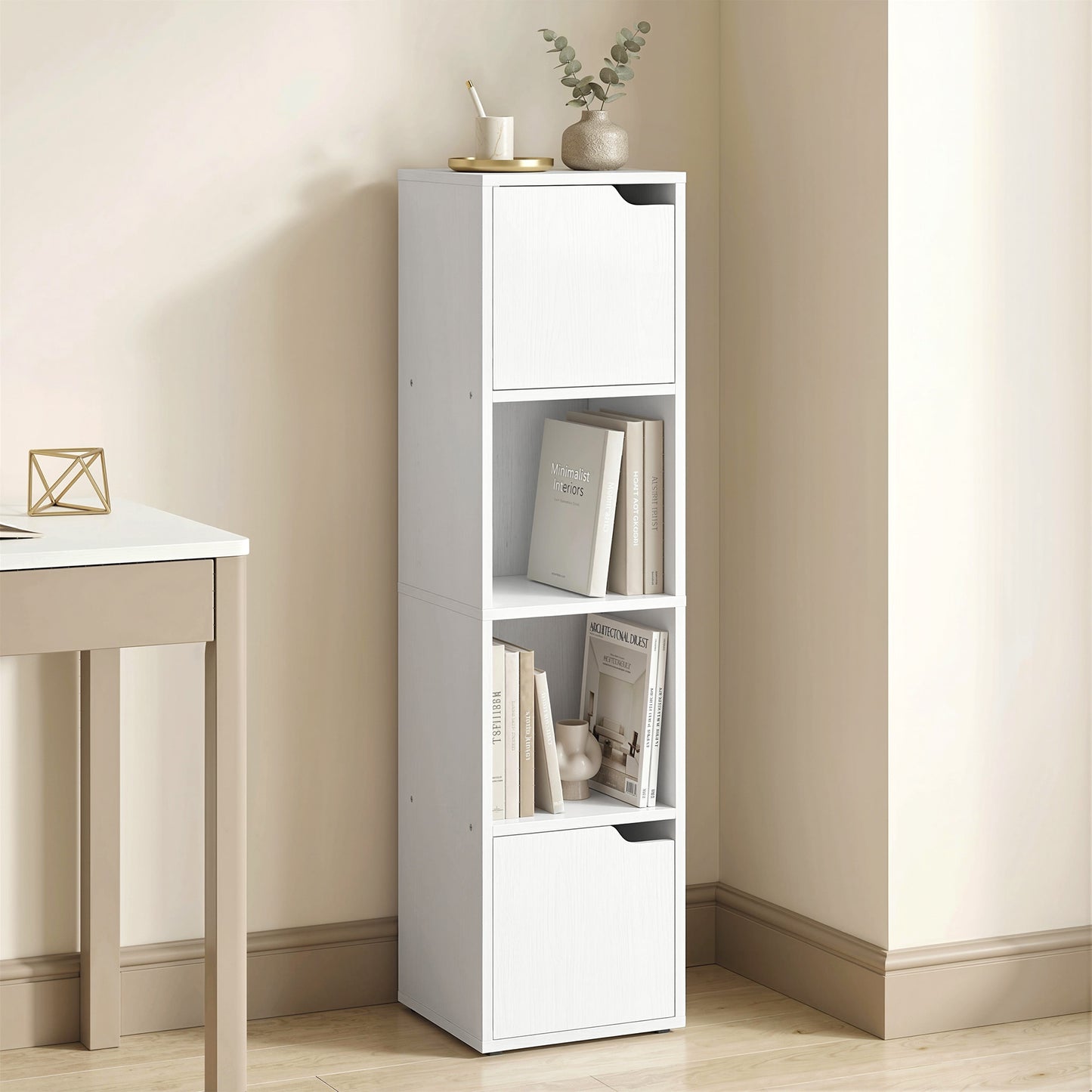 HOMCOM Narrow 4 Tier Bookcase With Doors Storage Cabinet White For Living Room And Bedroom