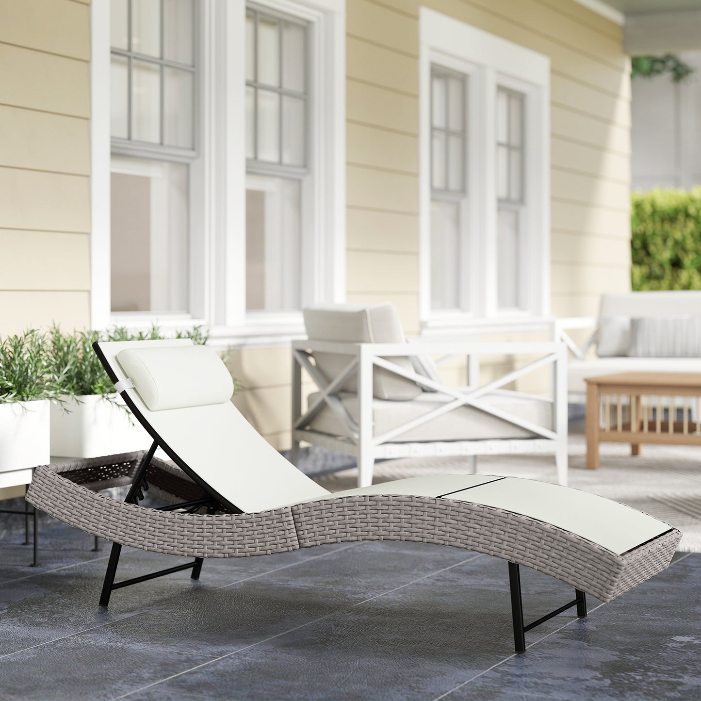 Outsunny Rattan Sun Lounger Garden Recliner with Five Position Adjustable Back S Shaped Texteline Seat Headrest Cream