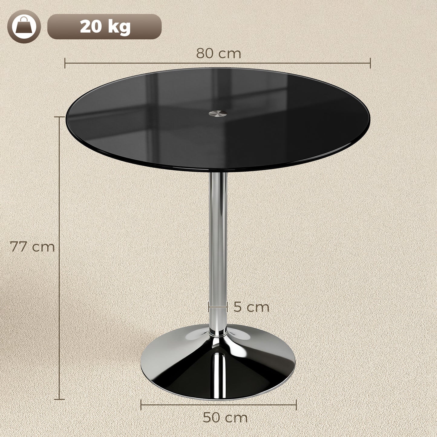 HOMCOM Round Bar Table Modern Dining Table With Tempered Glass Top And Steel Frame For Four 80 x 80 x 77 cm Black