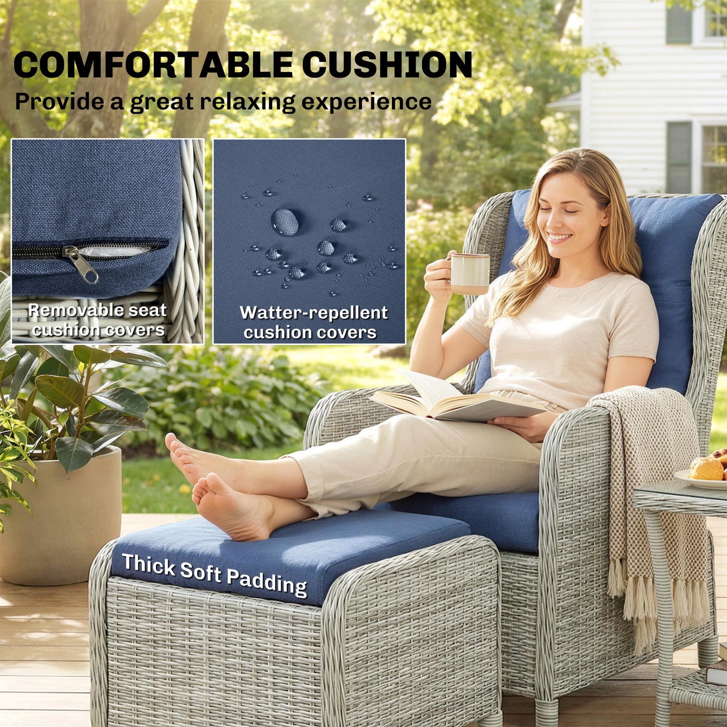 Outsunny 5 Piece Garden Furniture Set With Rattan Reclining Chairs Footstools Cushions With Table For Balcony Dark Blue