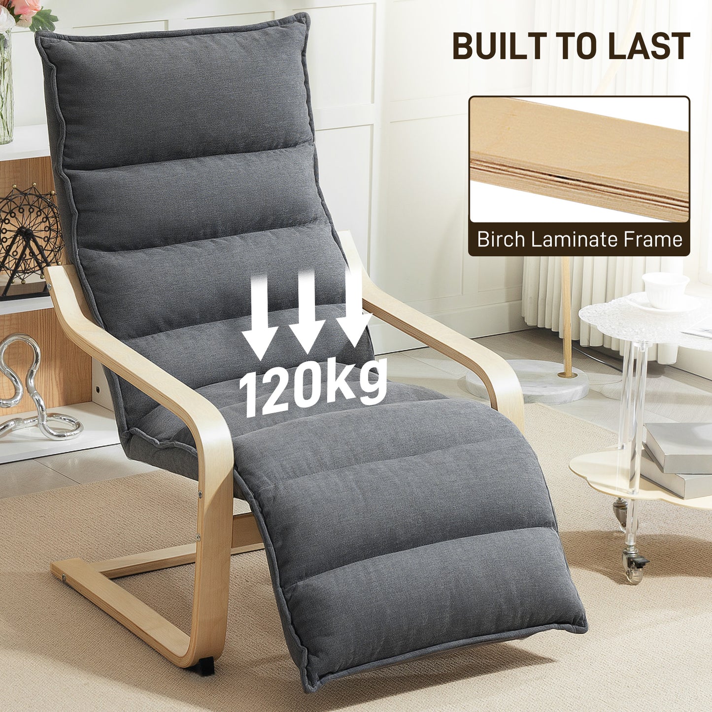 HOMCOM Curved Wooden Accent Chair With Adjustable Footrest Dark Grey Velvet Upholstery 12cm Padded Seat For Comfort