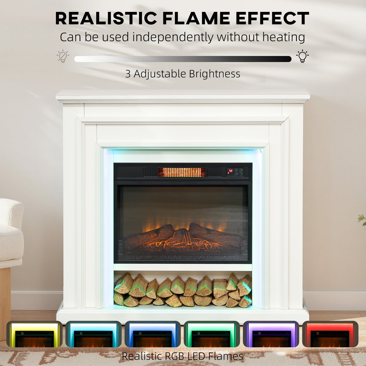 HOMCOM 4777 BTU Multicolour LED Electric Fireplace White Realistic Flame Effect Custom RGB Lighting Thermostat And Timer