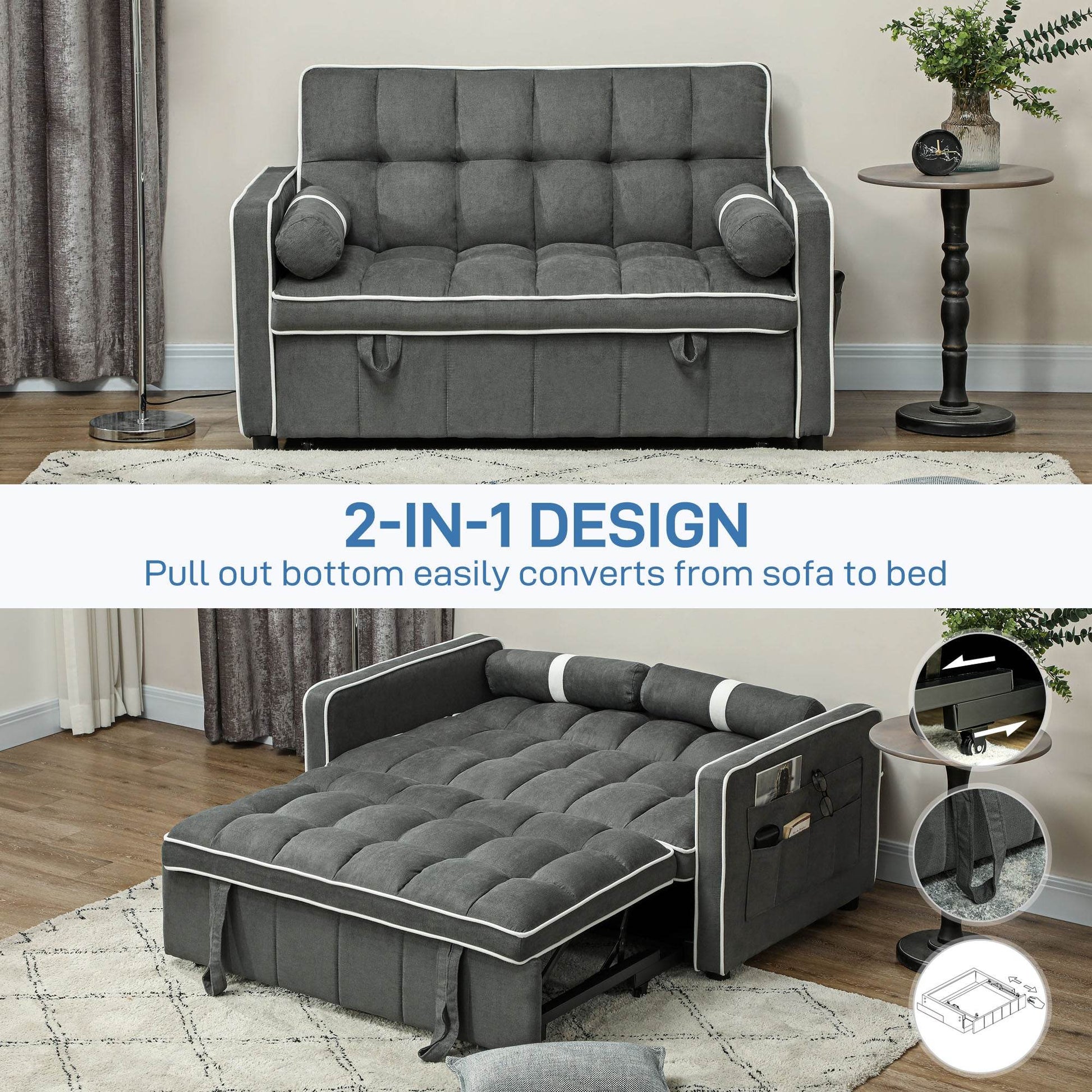 HOMCOM Charcoal Grey Linen-Look Convertible Sofa Bed with Adjustable Backrest - ALL4U RETAILER LTD