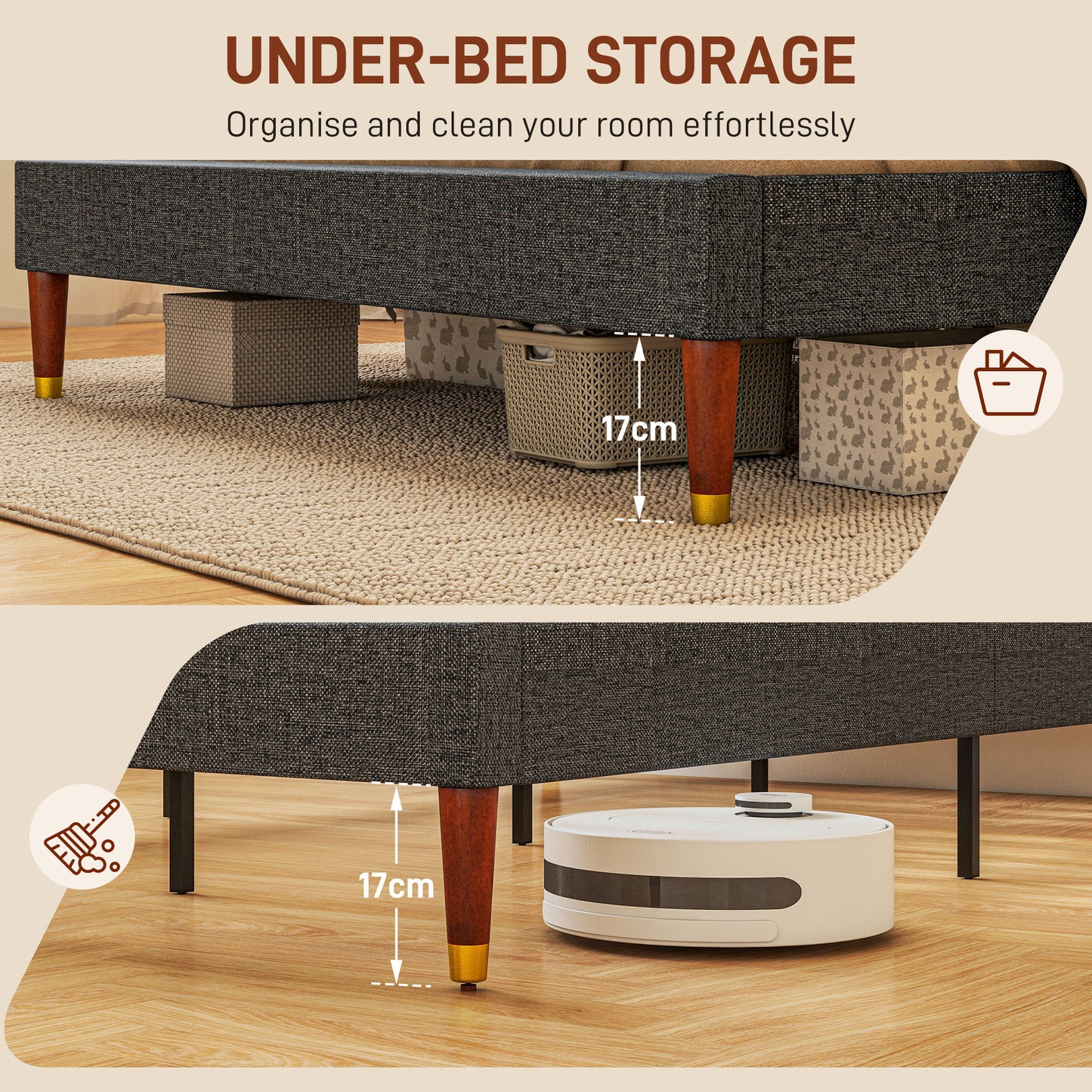 HOMCOM Elegant Grey Upholstered King Size Bed Frame with Wooden Slats - ALL4U RETAILER LTD