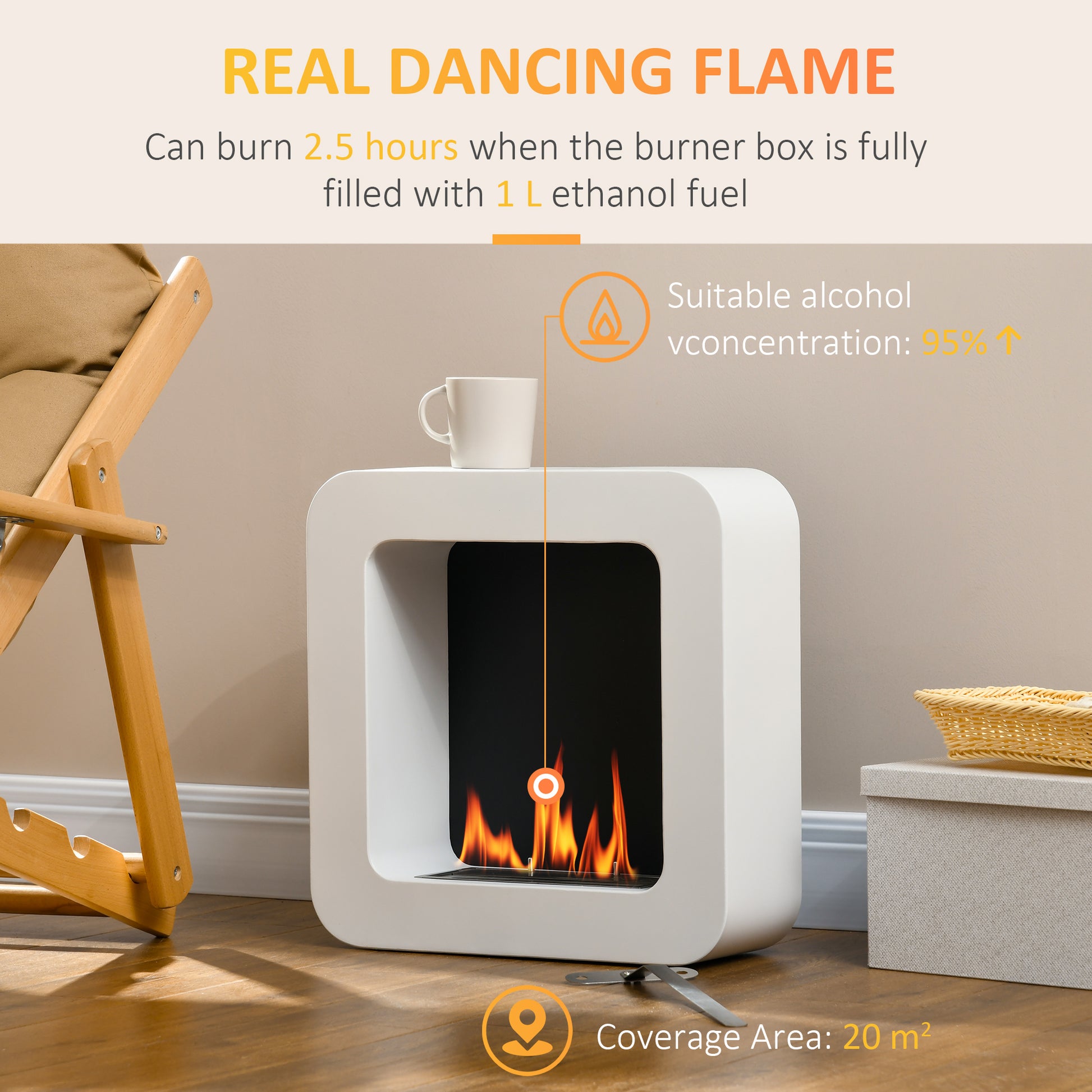 HOMCOM Wall-Mounted Bioethanol Fireplace Heater with 1L Fuel Tank and 2.5 Hour Burn Time - White - ALL4U RETAILER LTD