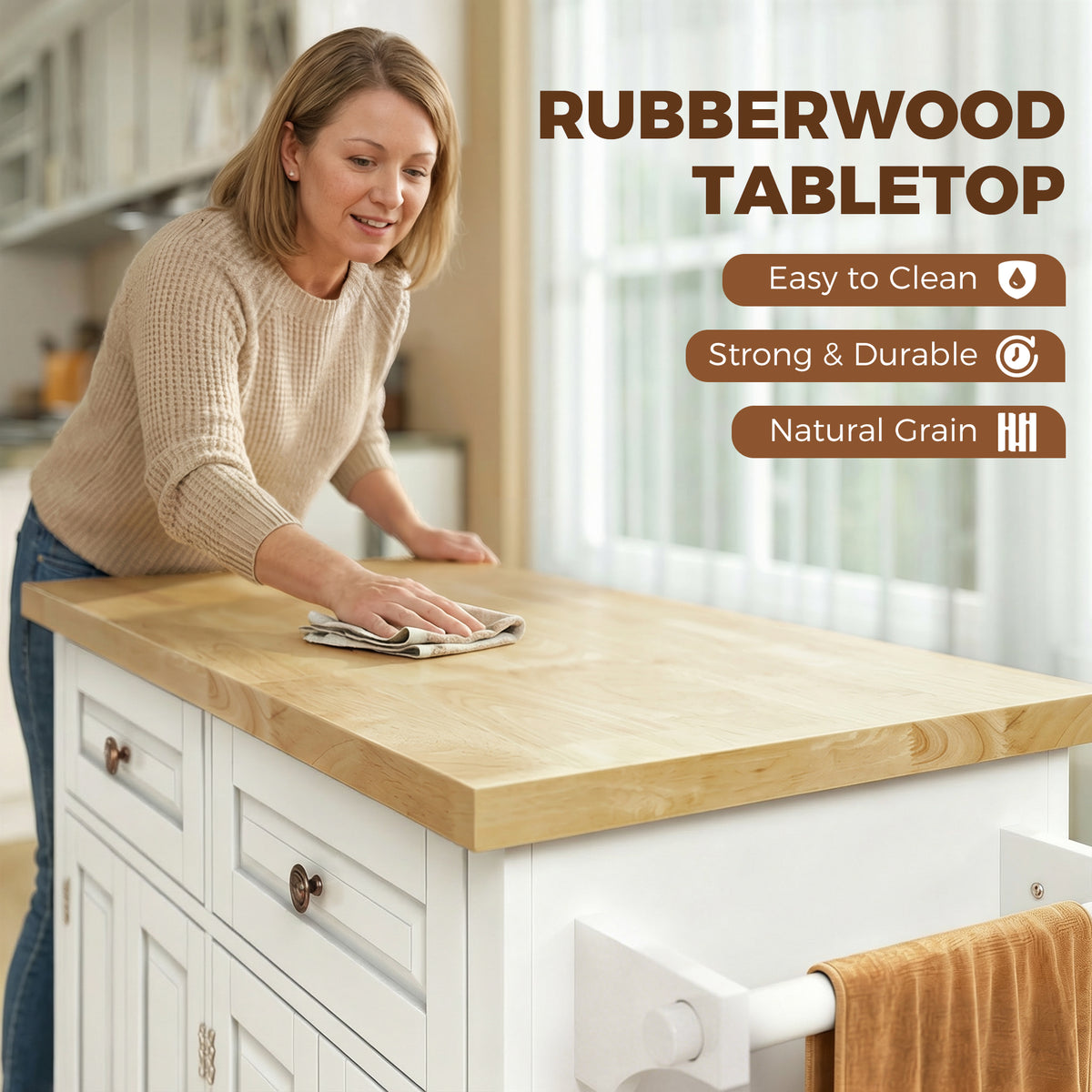 Homcom Rolling Kitchen Island Rubberwood Top Drawers Cream White Shelves