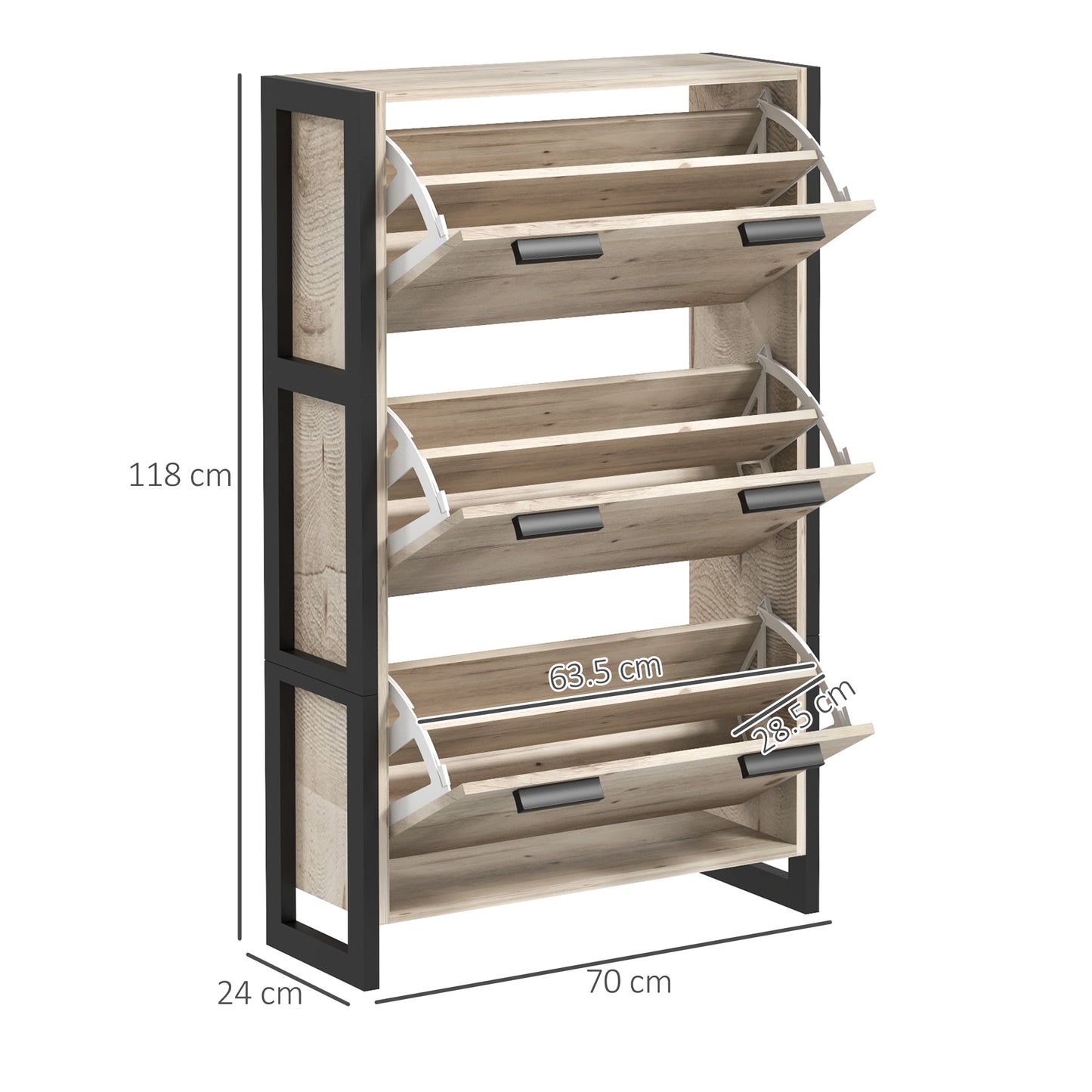 HOMCOM Slim Shoe Storage Cabinet with 3 Adjustable Flip Drawers for 18 Pairs, Oak Effect Finish - ALL4U RETAILER LTD