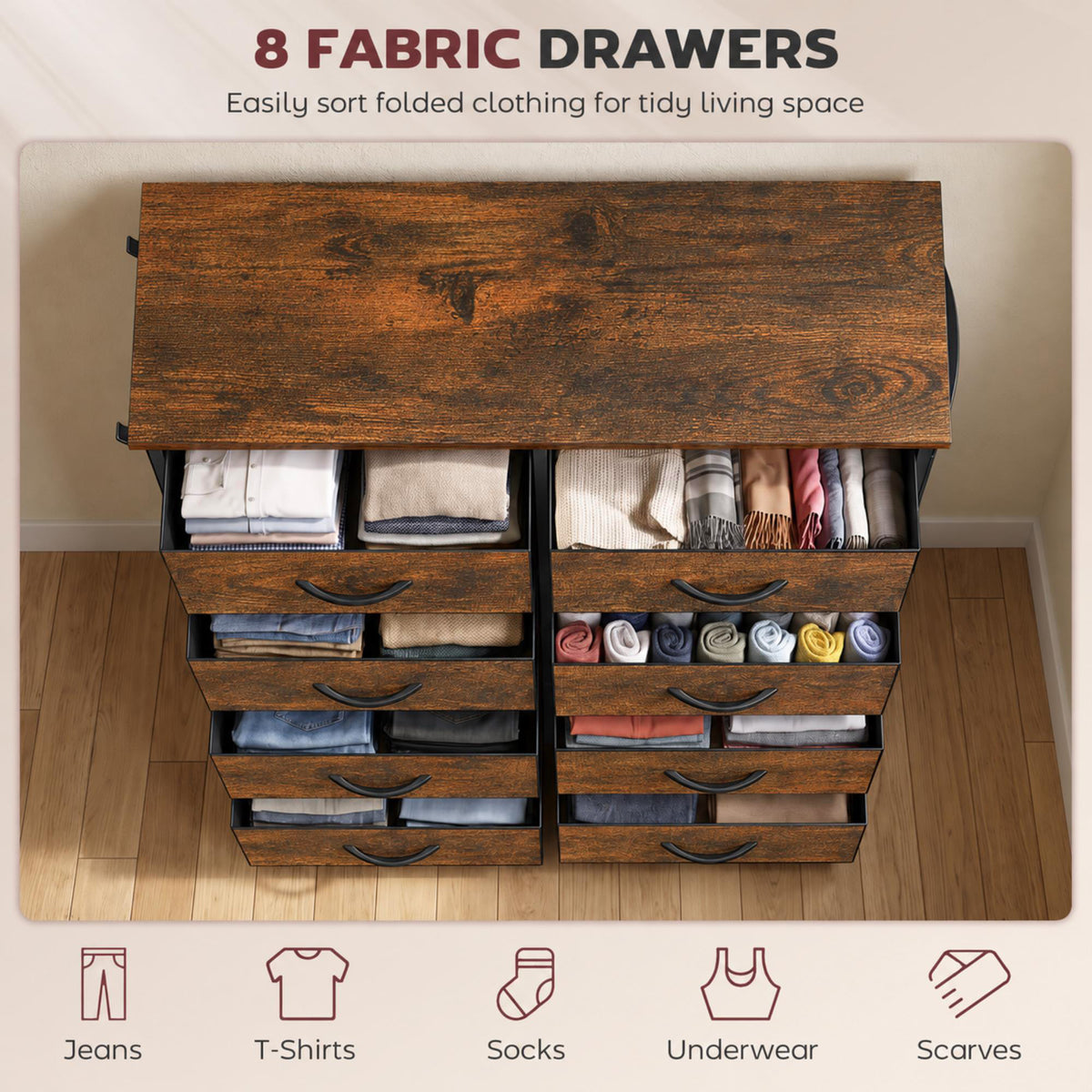 HOMCOM Rustic Brown Chest of Drawers with 8 Fabric Drawers and Side Bag