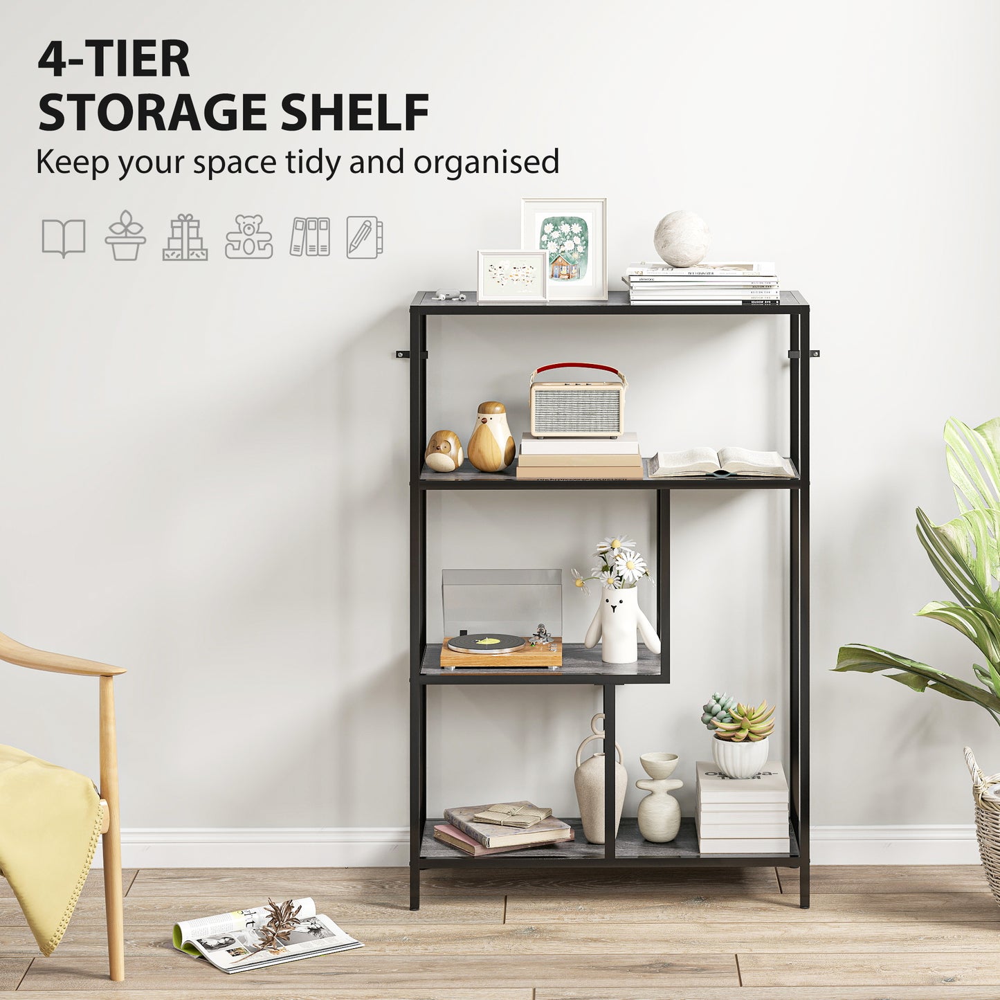HOMCOM 4 Tier Bookshelf With Open Shelves In Charcoal Grey Industrial Style Rustic Wood Finish