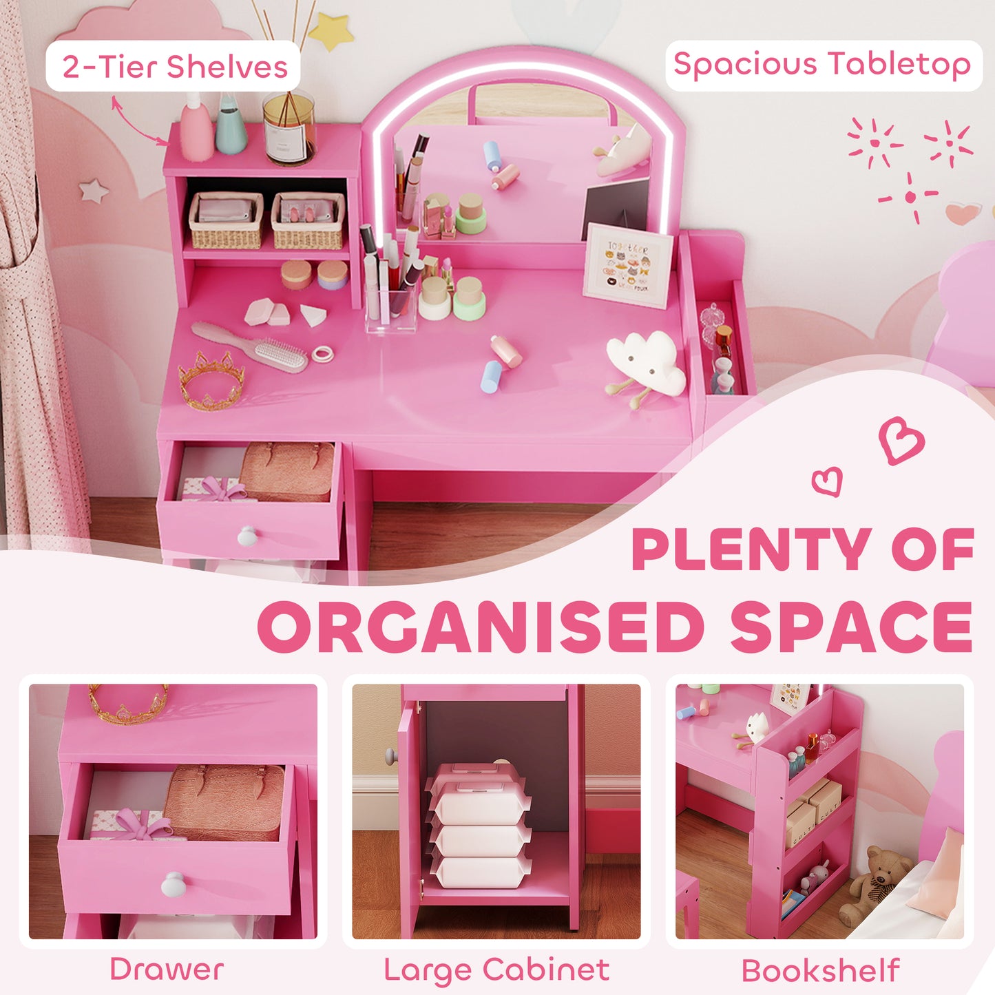 AIYAPLAY Kids Vanity Table and Chair Set with LED Mirror Pink and Storage Includes Stool Cabinet Drawer Shelves