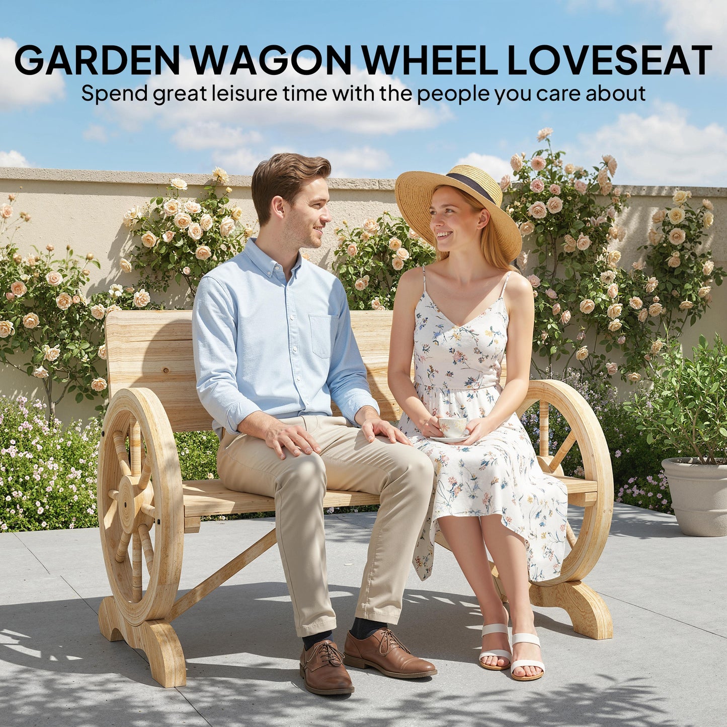 Outsunny Fir Wood Two Seater Wagon Wheel Bench For Outdoor Garden Patio Natural Finish Supports Up To 250 Kg