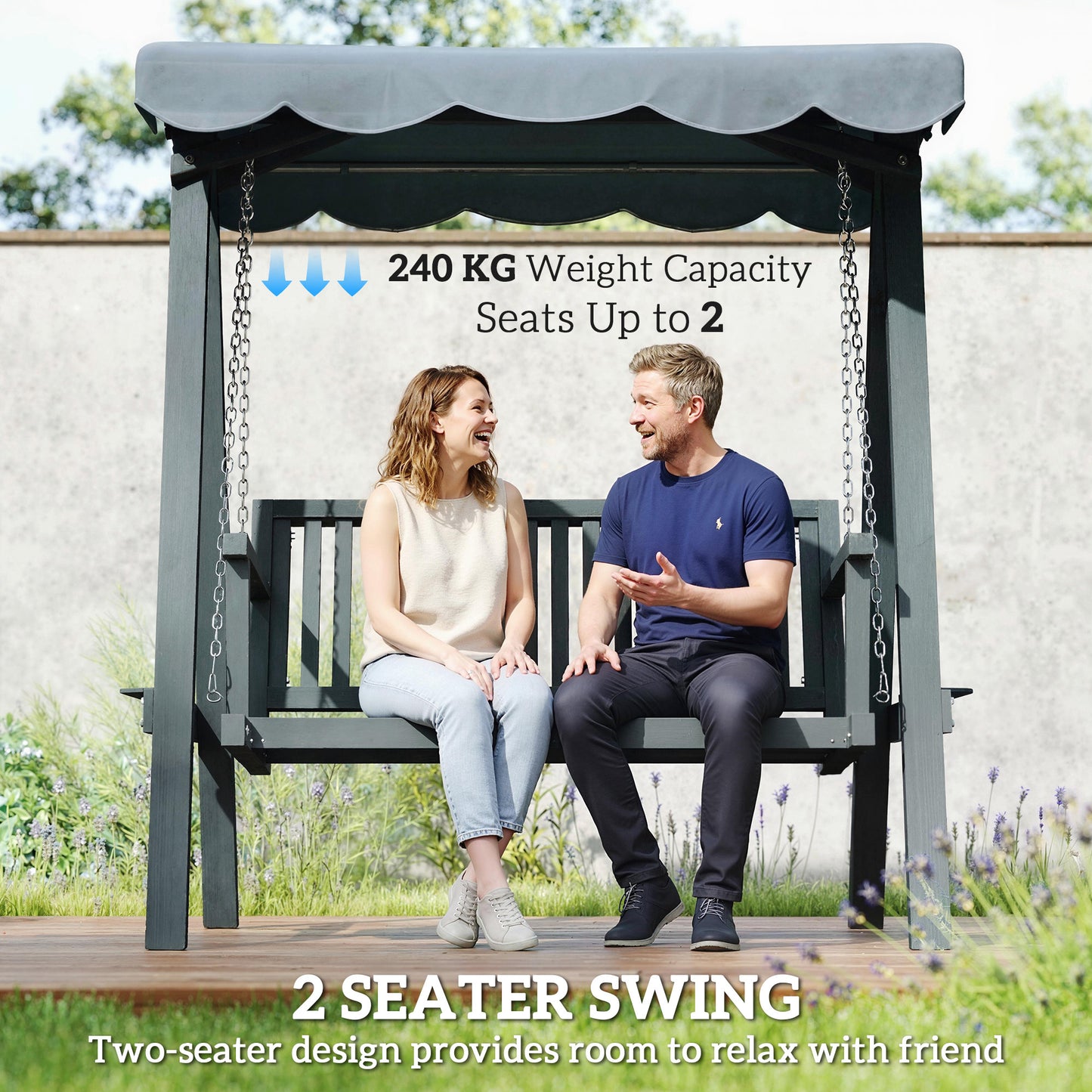 Outsunny 2 Seater Garden Swing With Canopy Wooden Outdoor Swing Chair Hammock Bench For Balcony Patio Porch Grey