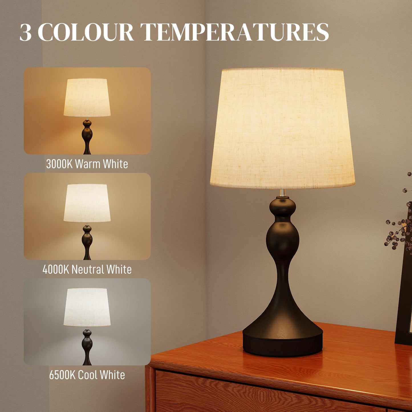HOMCOM Set Of Two USB Ports Table Lamps With Three Colour Temperature LEDs Black And Beige