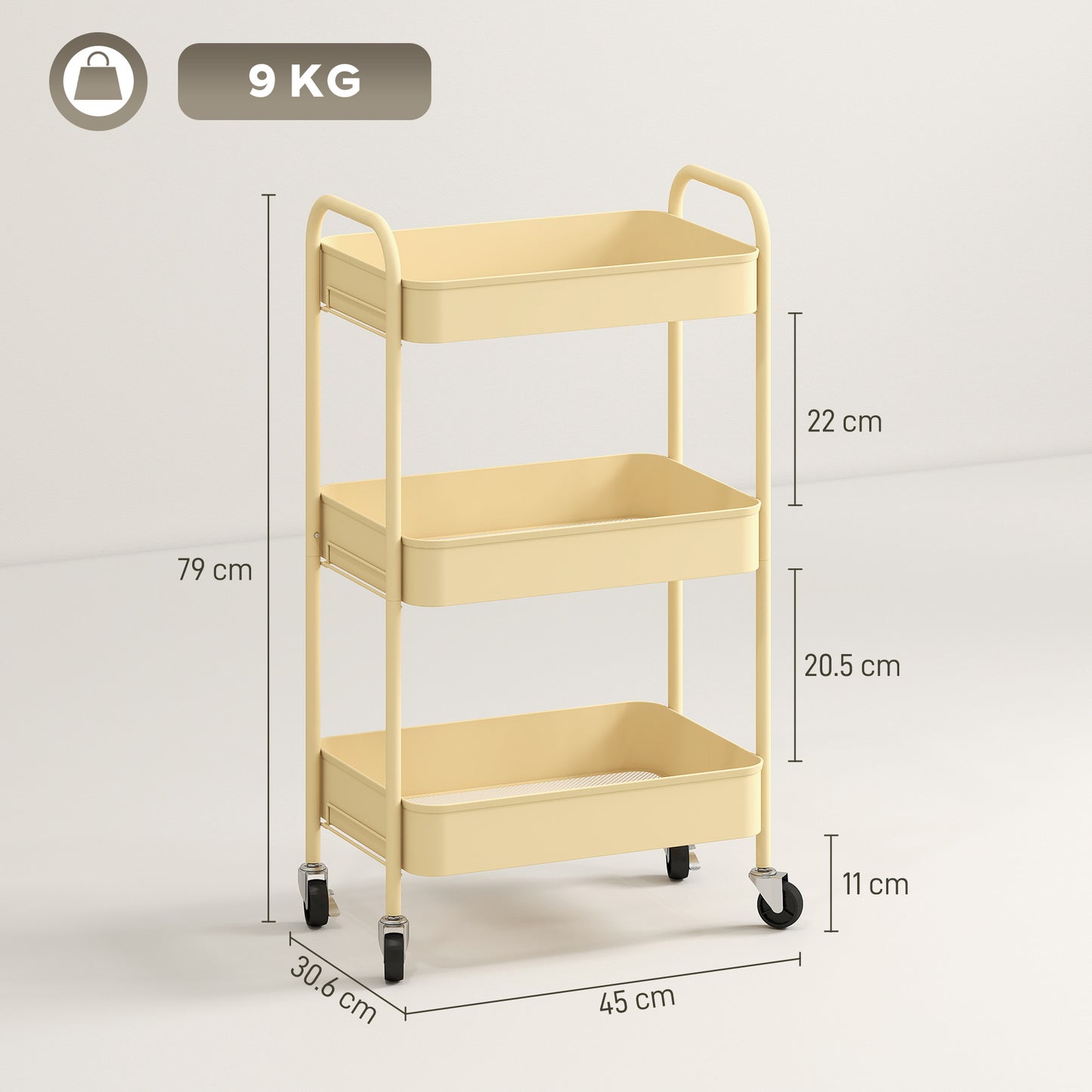 HOMCOM Three Tier Steel Storage Trolley With Baskets Yellow Rolling Cart For Kitchen Laundry Home Organization