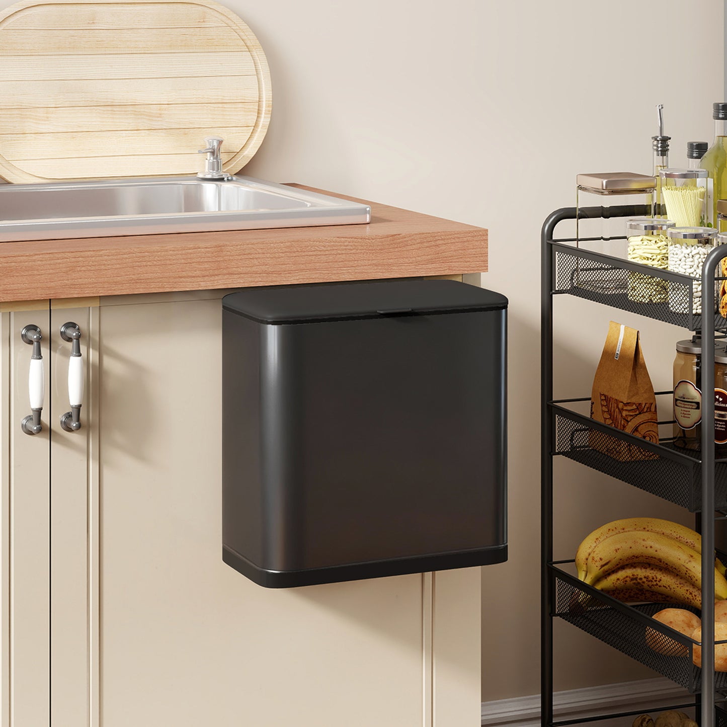 HOMCOM 8L Hanging Kitchen Bin With Lid And Removable Inner Bucket For Kitchen Cabinet Door Under Sink Or Office