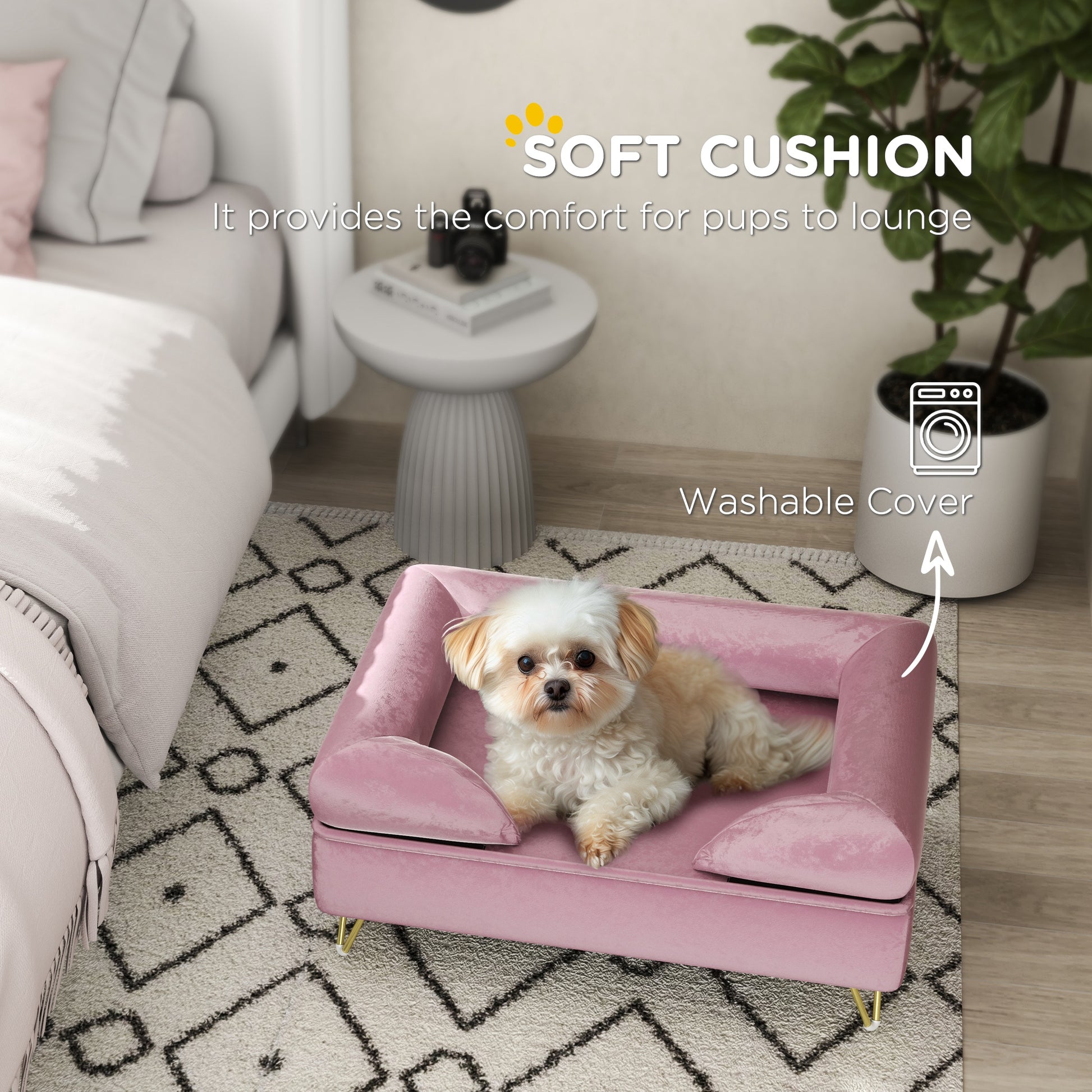 PawHut Luxurious Pink Dog Sofa with Removable Backrest and Washable Cover for Small to Medium Pets - ALL4U RETAILER LTD