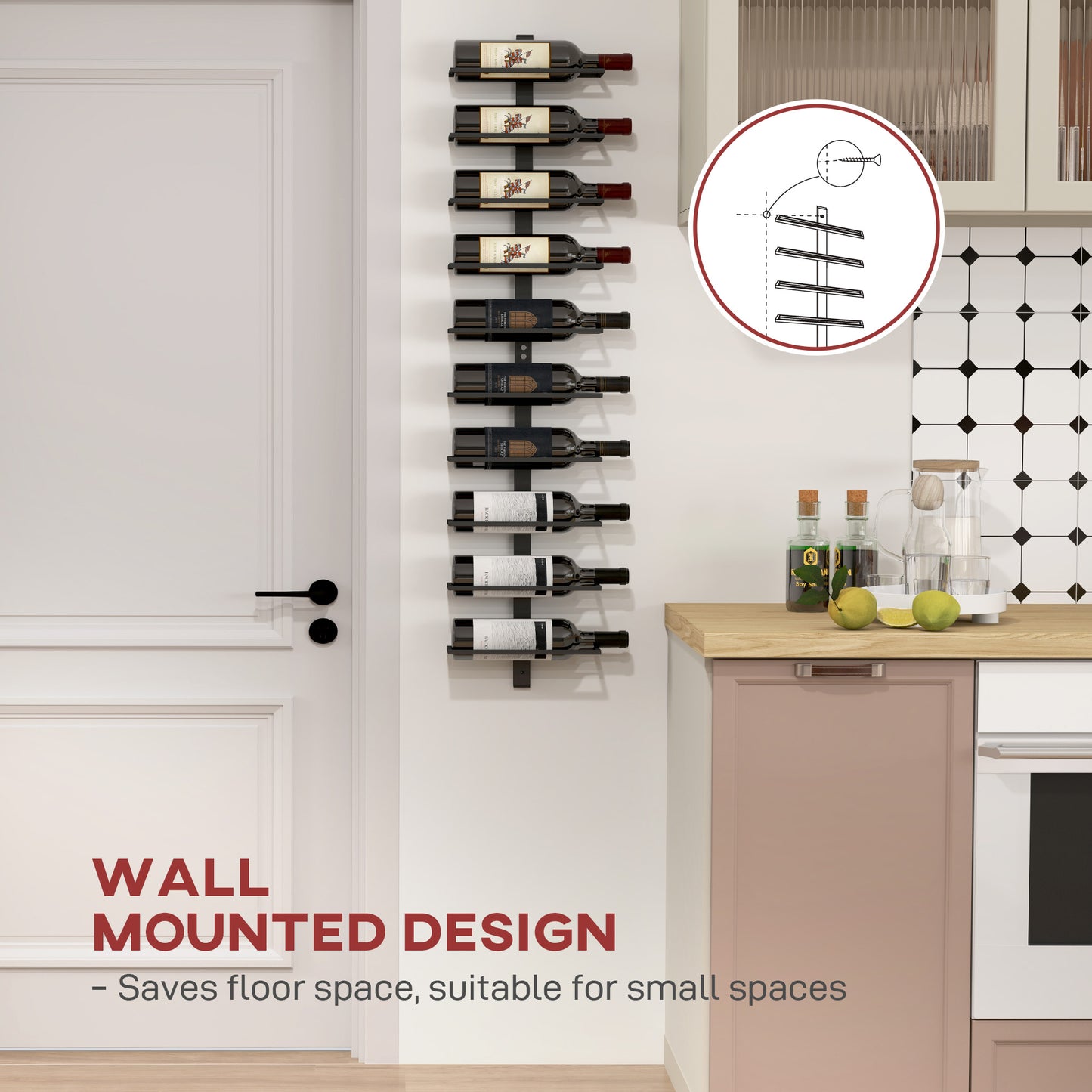 HOMCOM Wall Mounted 10 Tier Metal Wine Rack Display Storage Holder for Kitchen Dining Room Bar Cellar Black