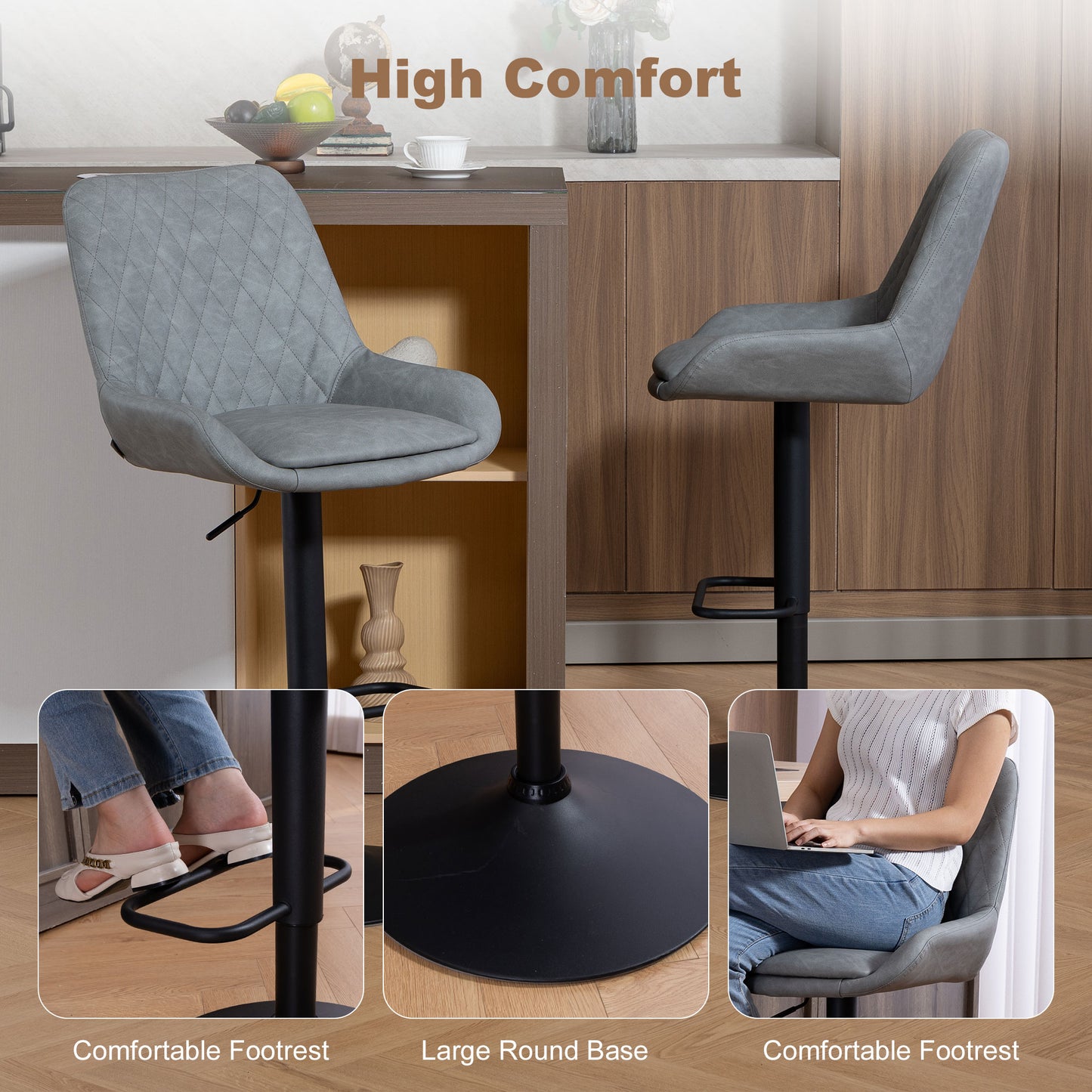 HOMCOM Set Of Two Faux Leather Retro Bar Stools Light Grey Adjustable Height Padded Back