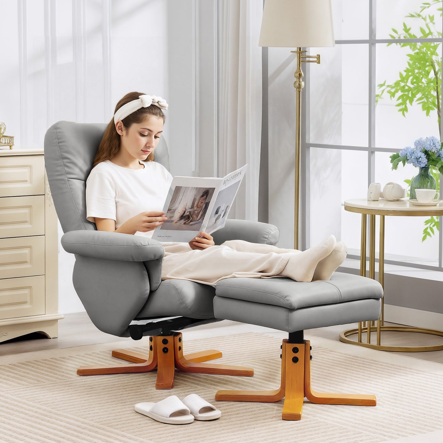 HOMCOM PU Leather Swivel Recliner Chair With Footstool And Hidden Storage For Living Room, Wooden Base, Light Grey