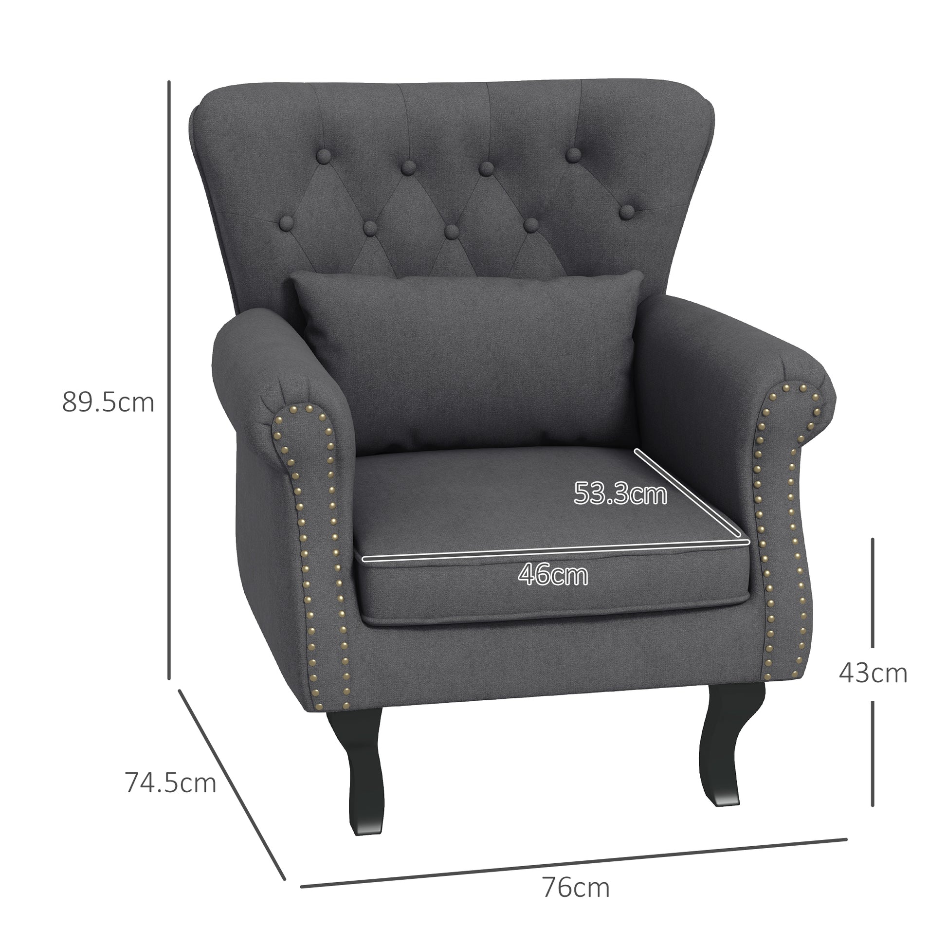 HOMCOM Chic Dark Grey Chesterfield Wingback Accent Chair with Tufted Upholstery and Lumbar Pillow - ALL4U RETAILER LTD