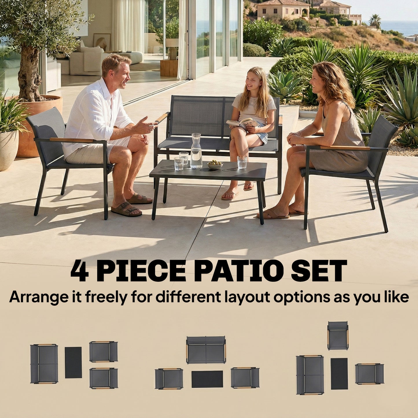 Outsunny 4 Seater Outdoor Garden Furniture Set With Loveseat Armchairs Table Metal Frame Grey Breathable Seats