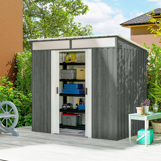 Outsunny Six Point Five By Four Feet Galvanised Metal Shed With Lockable Double Sliding Doors Vents Light Grey