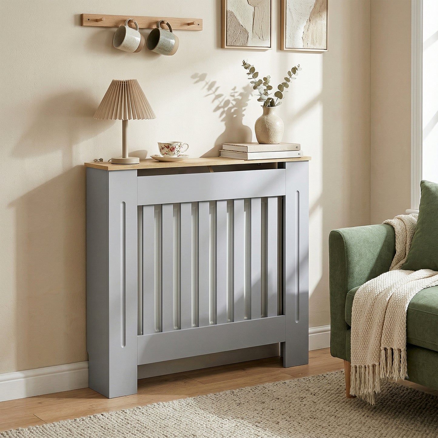 HOMCOM Slatted Radiator Cover In Grey Painted MDF With Lined Grill 78L x 19W x 81H cm