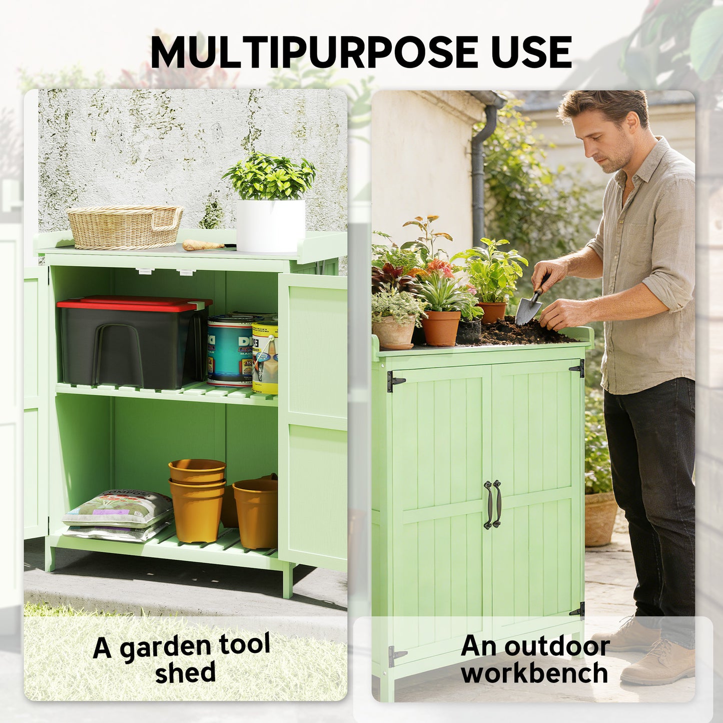 Outsunny Wooden Garden Shed For Tool Storage With Hinged Roof And Shelf Double Doors Light Green