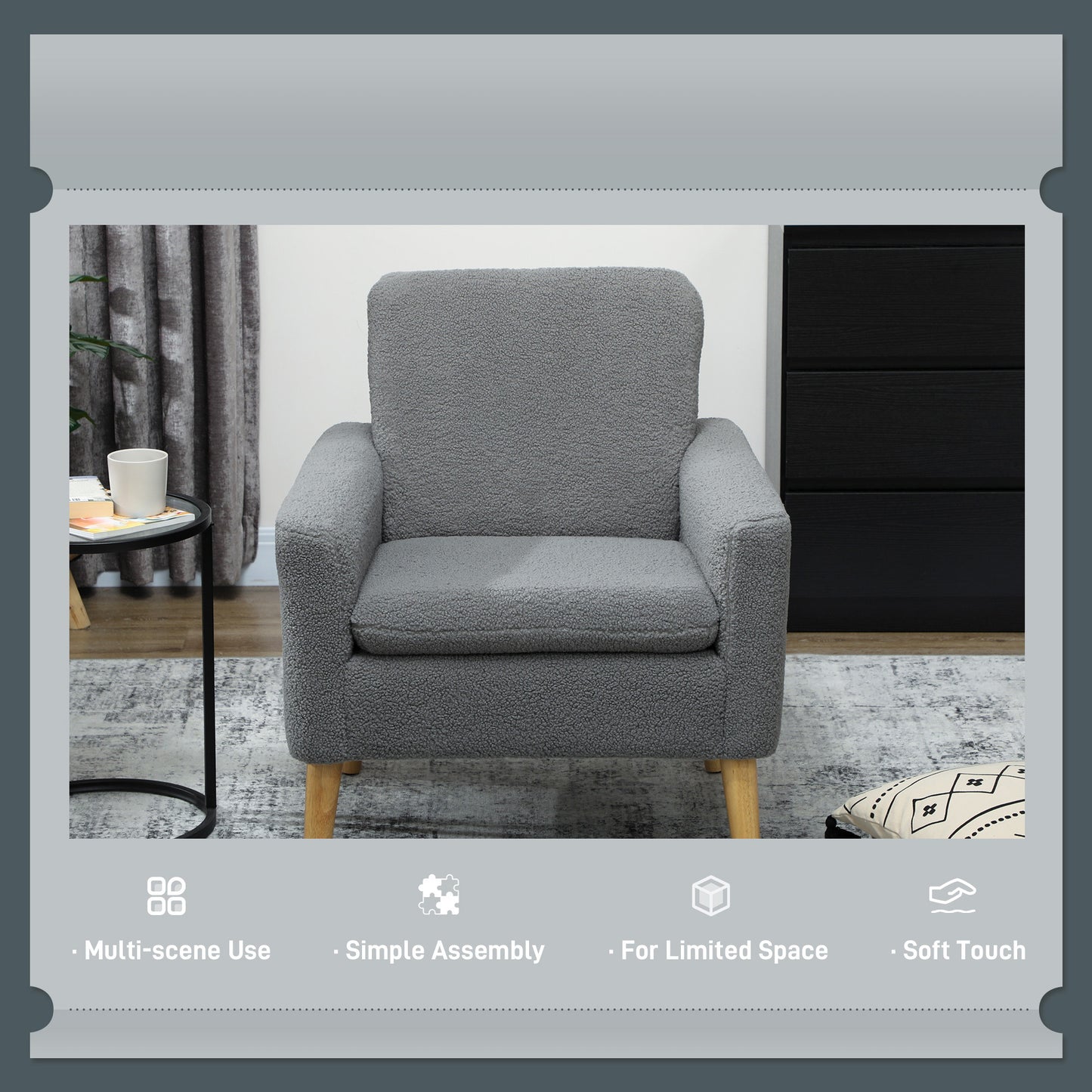 HOMCOM Teddy Fabric Armchair With Wood Legs Wide Padded Seat Upholstered Accent Chair In Grey