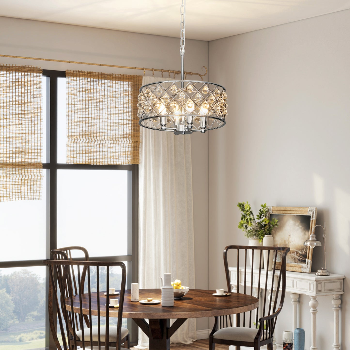 HOMCOM 51 Crystallite Four Bulb Heads Chandelier Silver Tone With Adjustable 130 cm Chain