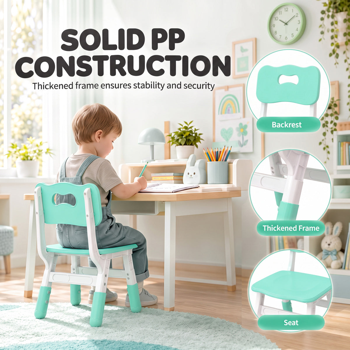 Set of 2 kids chairs with backrests, mint seat and thickened frame on white legs
