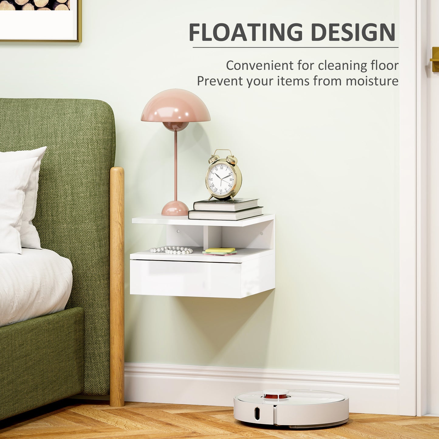 HOMCOM Floating High Gloss White Bedside Table With Pull Out Drawer And Open Shelf Wall Mounted Nightstand