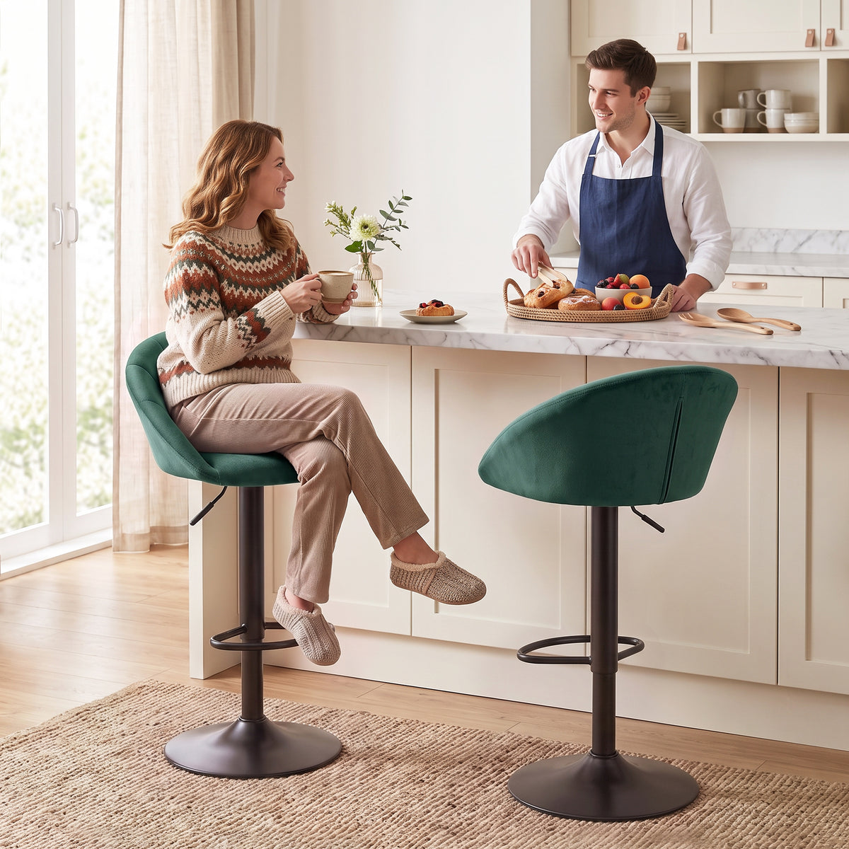 Dark green velvet bar stool set with swivel seat and curved backrest