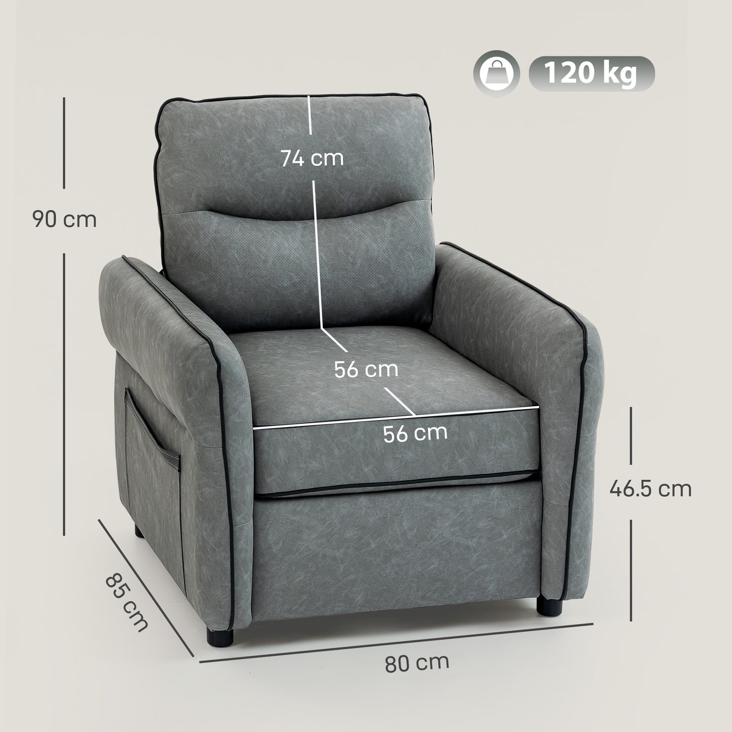 HOMCOM Accent Chair Faux Leather Armchair Grey with Black Piping Thick Foam Padding and S Springs Support