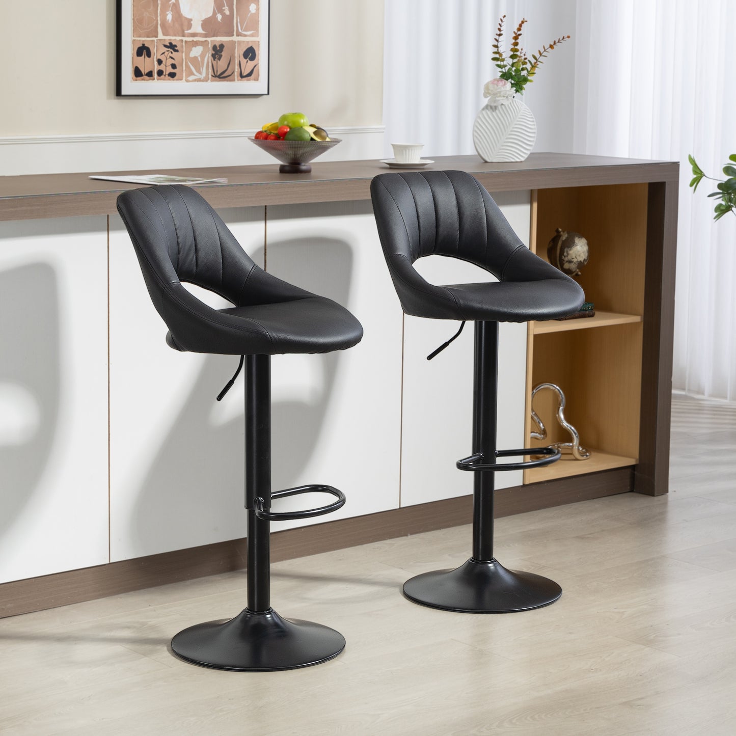HOMCOM Set Of Two Faux Leather Bar Stools Black Adjustable Height 87 To 109 Cm Swivel 360 Degree For Kitchen Counter