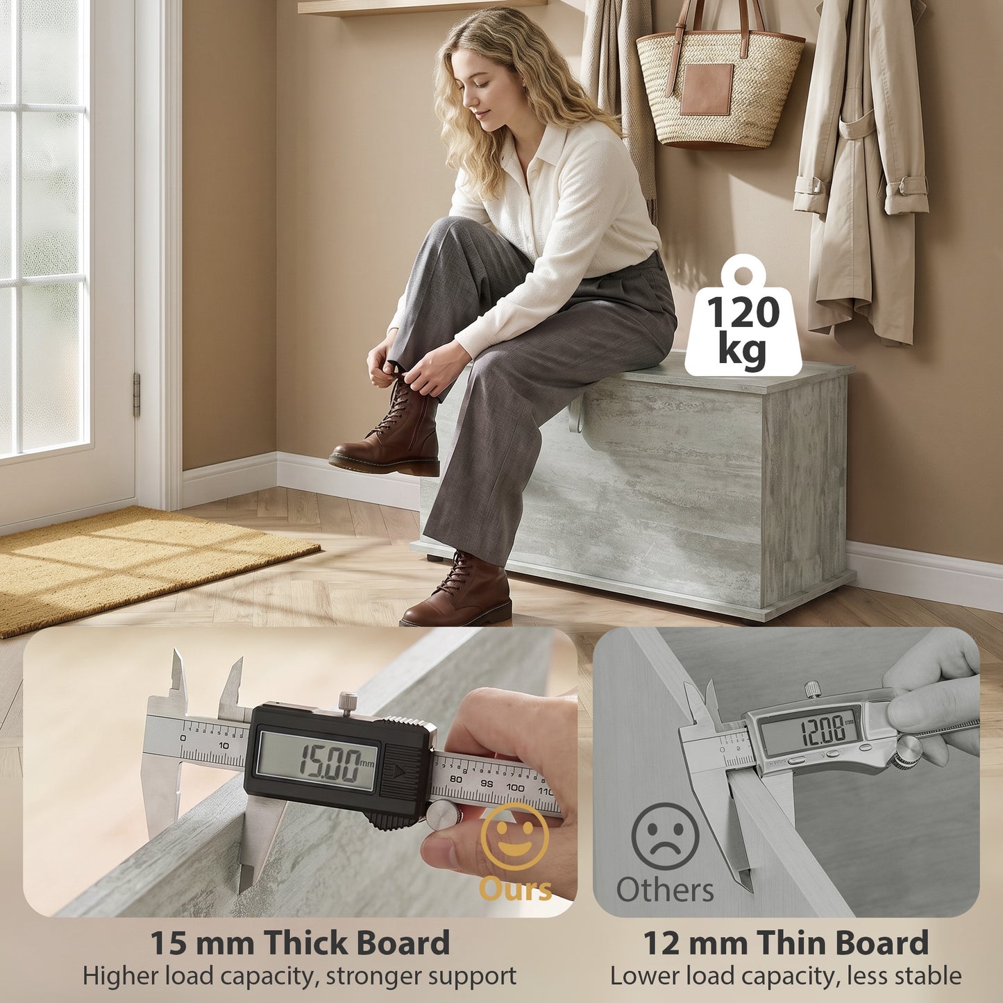 Grey HOMCOM 102L Wooden Storage Bench With Safety Hinged Lid