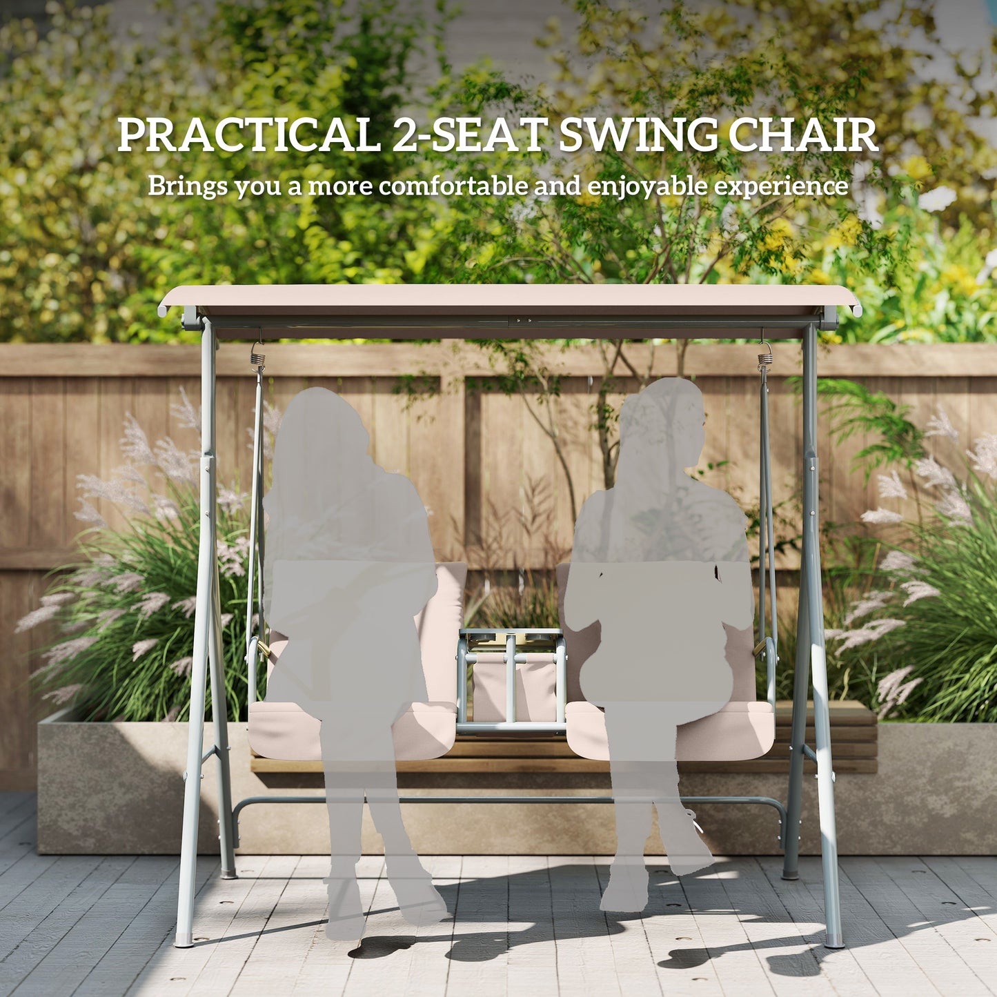 Outsunny 2 Seater Garden Swing Chair Patio Rocking Bench Tilting Canopy Double Padded Seats Storage Bag Tray Beige