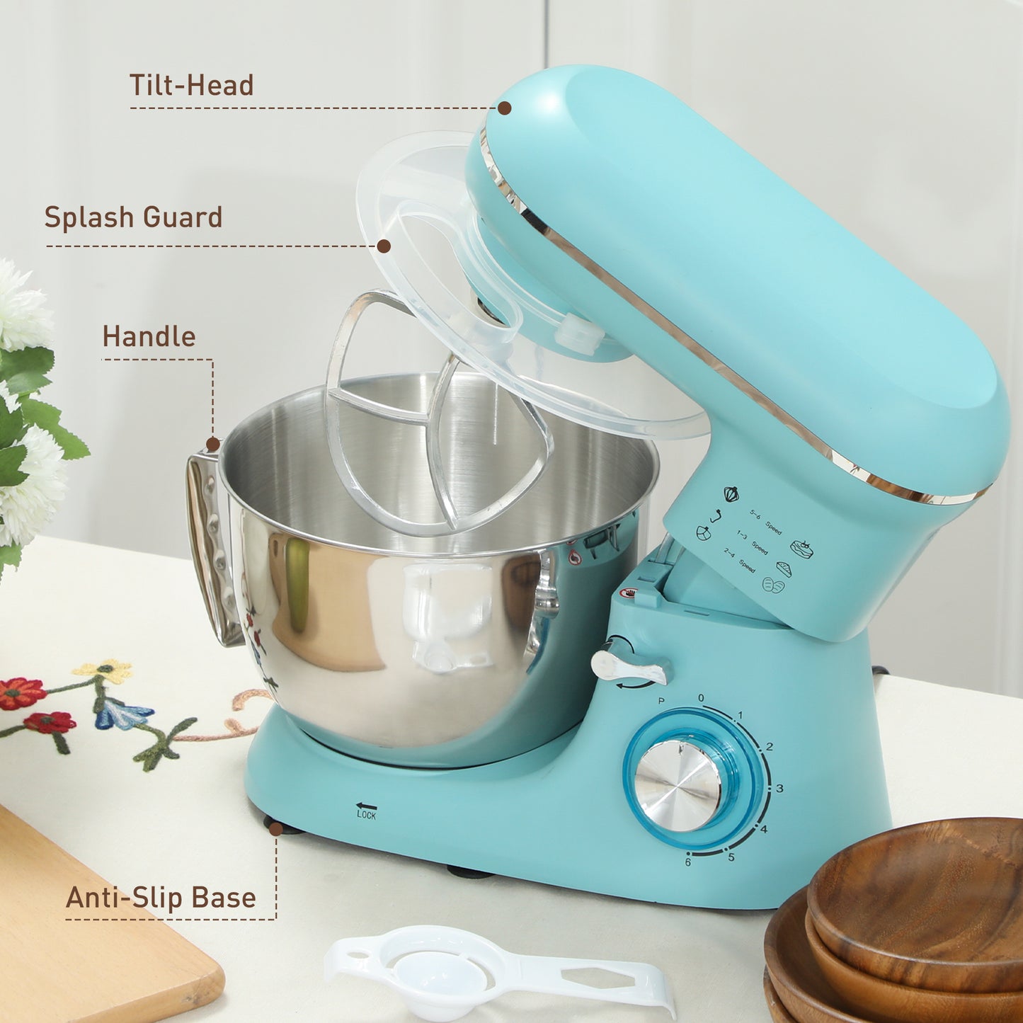 HOMCOM 1300W Kitchen Stand Mixer with Accessories Blue Four Point Five Liter Stainless Steel Bowl Six Speed Pulsation