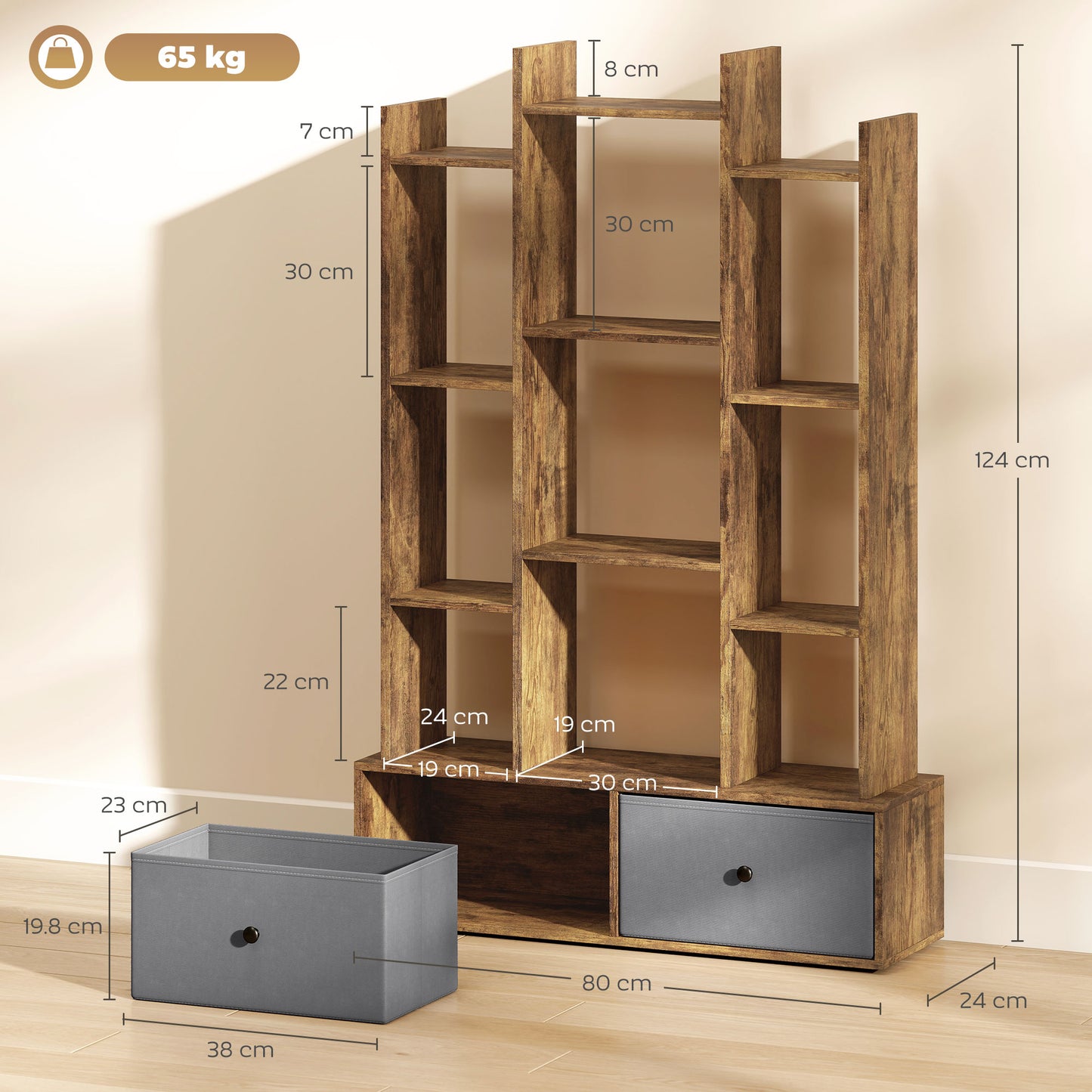 HOMCOM 12 Cubby Storage Unit With Drawers Brown Anti Tip Kit Sturdy Base Tree Bookcase