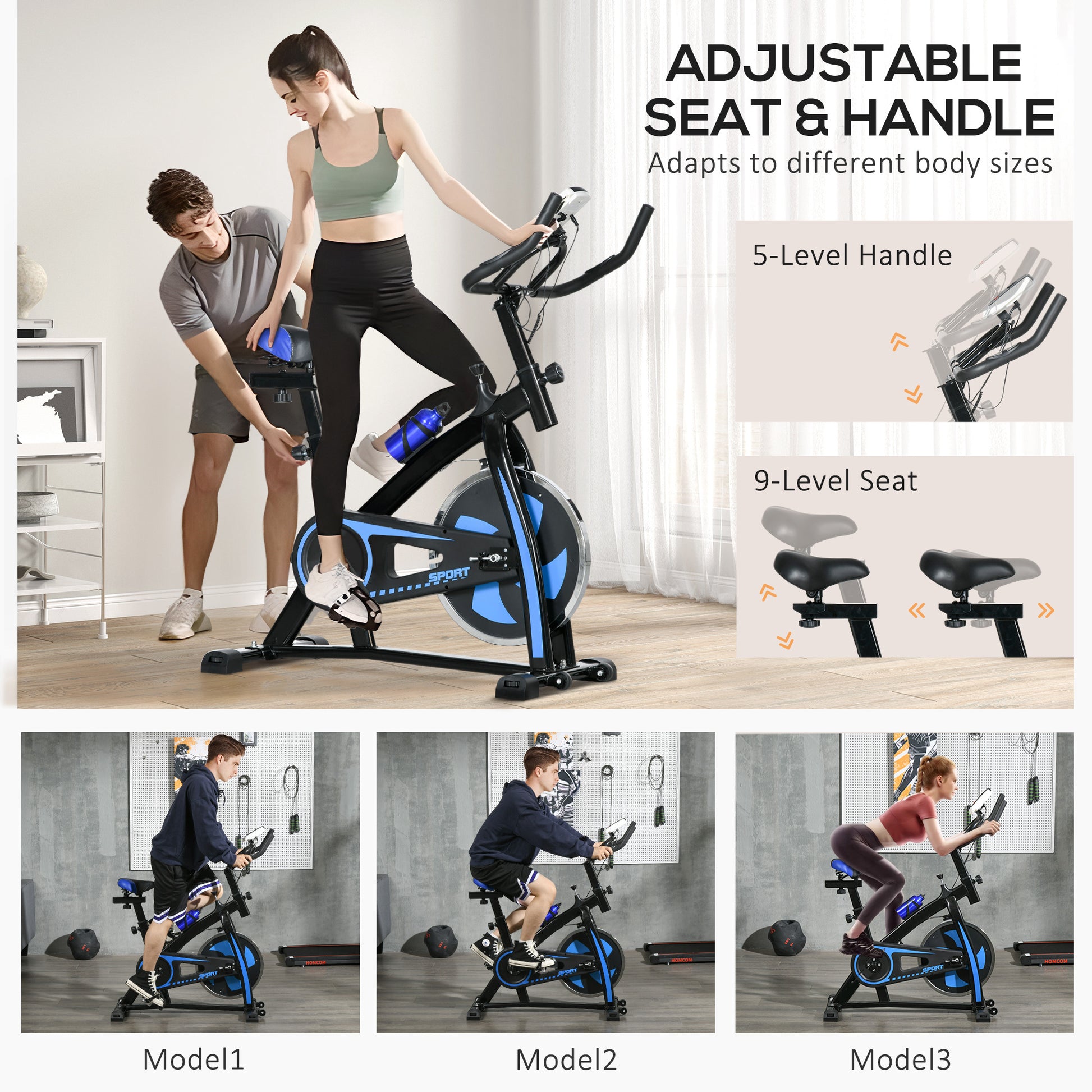 SPORTNOW Indoor Cycling Bike with Adjustable Features for Home Gym Fitness, Blue - ALL4U RETAILER LTD