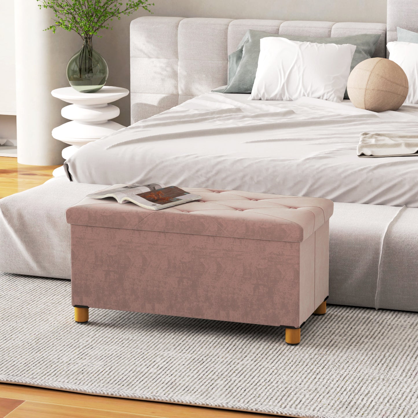 HOMCOM Velvet Upholstered Foldable Storage Ottoman Bench With Wood Legs Pink For Living Room Footrest And Seat
