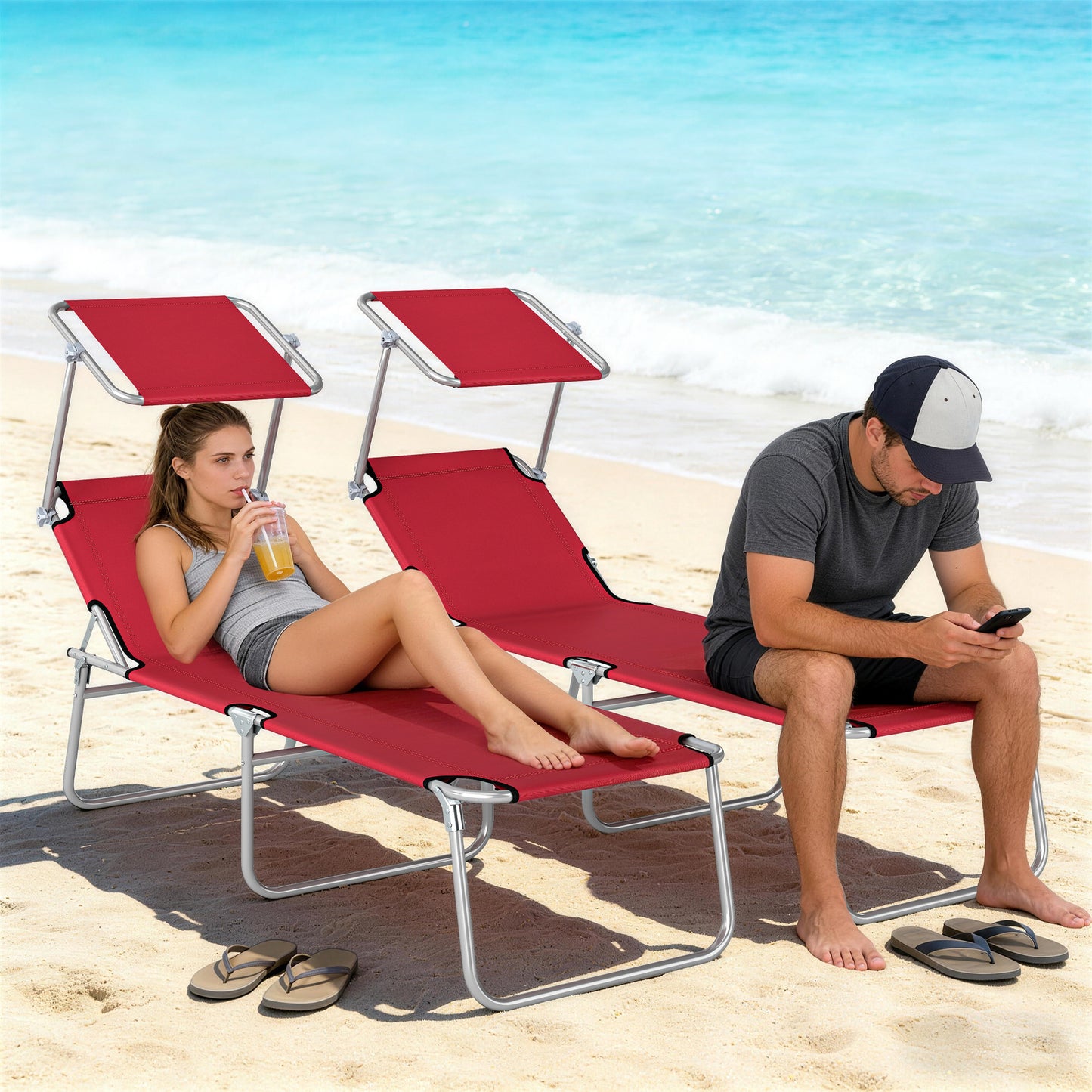 Outsunny Outdoor Foldable Sun Lounger Set Of 2 With Removable Canopy And 4 Level Adjustable Backrests